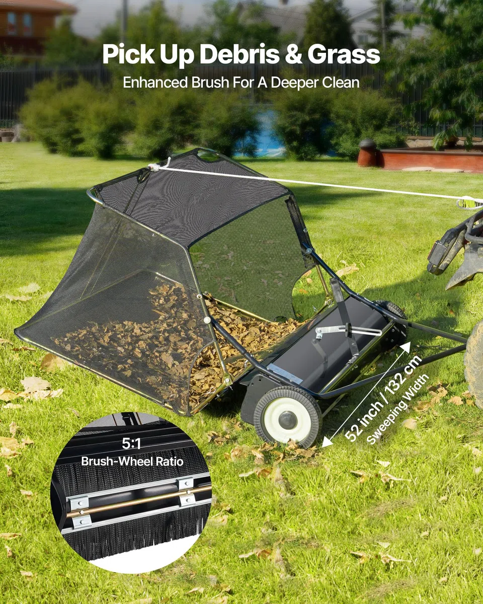 VEVOR Rasenkehrmaschine, 132 cm Kehrbreite, Laubkehrmaschine mit verstellbare Kehrhöhe, Rasenkehrer mit 736 L, Laubkehrer, Anhänge-Kehrmaschine für Rasentraktor, Garten, Hof, Rasenpflege