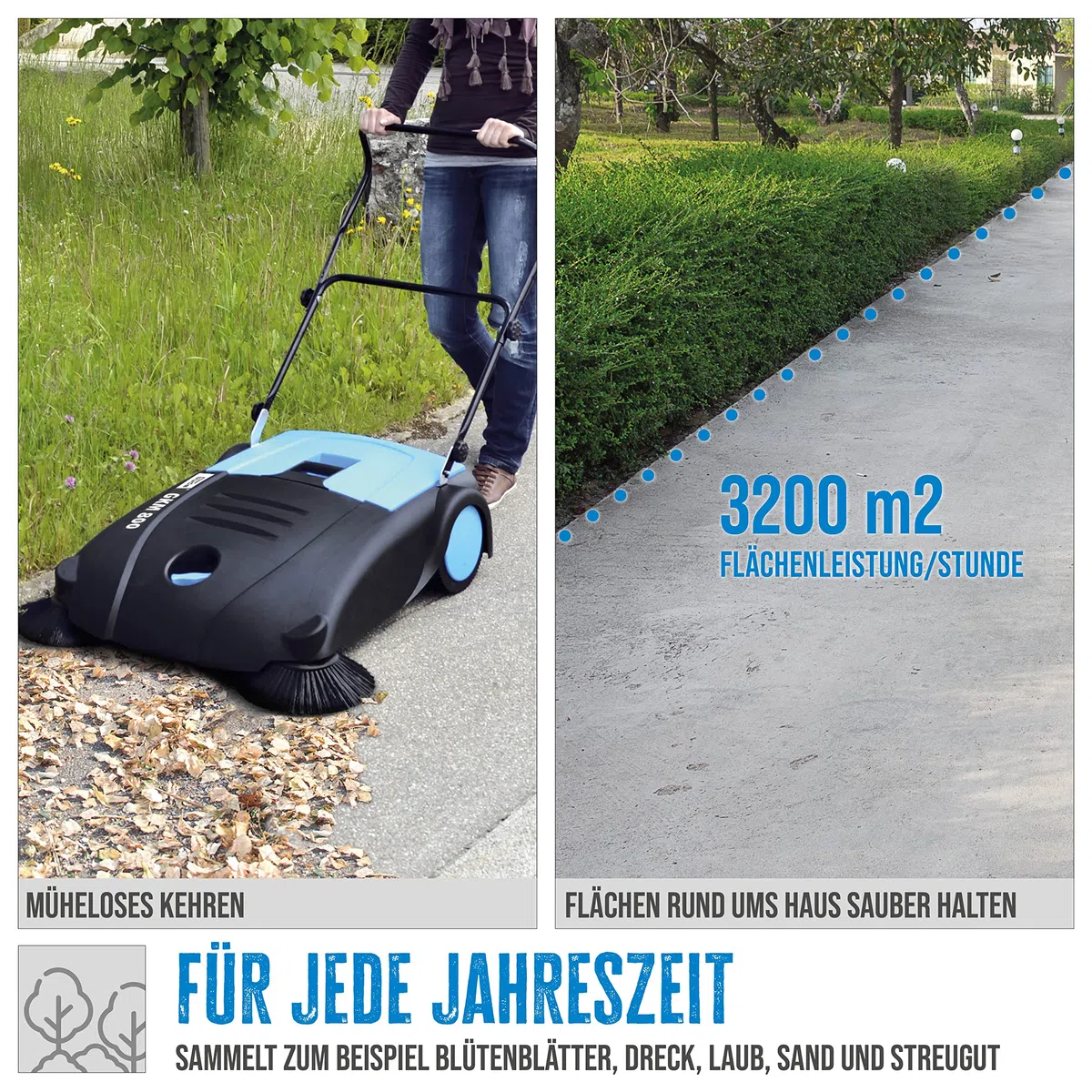 Güde Kehrmaschine GKM 800 (Kehrbreite 800 mm, Flächenleistung 3200 m²/h, abnehmbarer Schmutzbehälter 30 l, manueller Antrieb, Lenkrolle, klappbarer Fahrbügel)