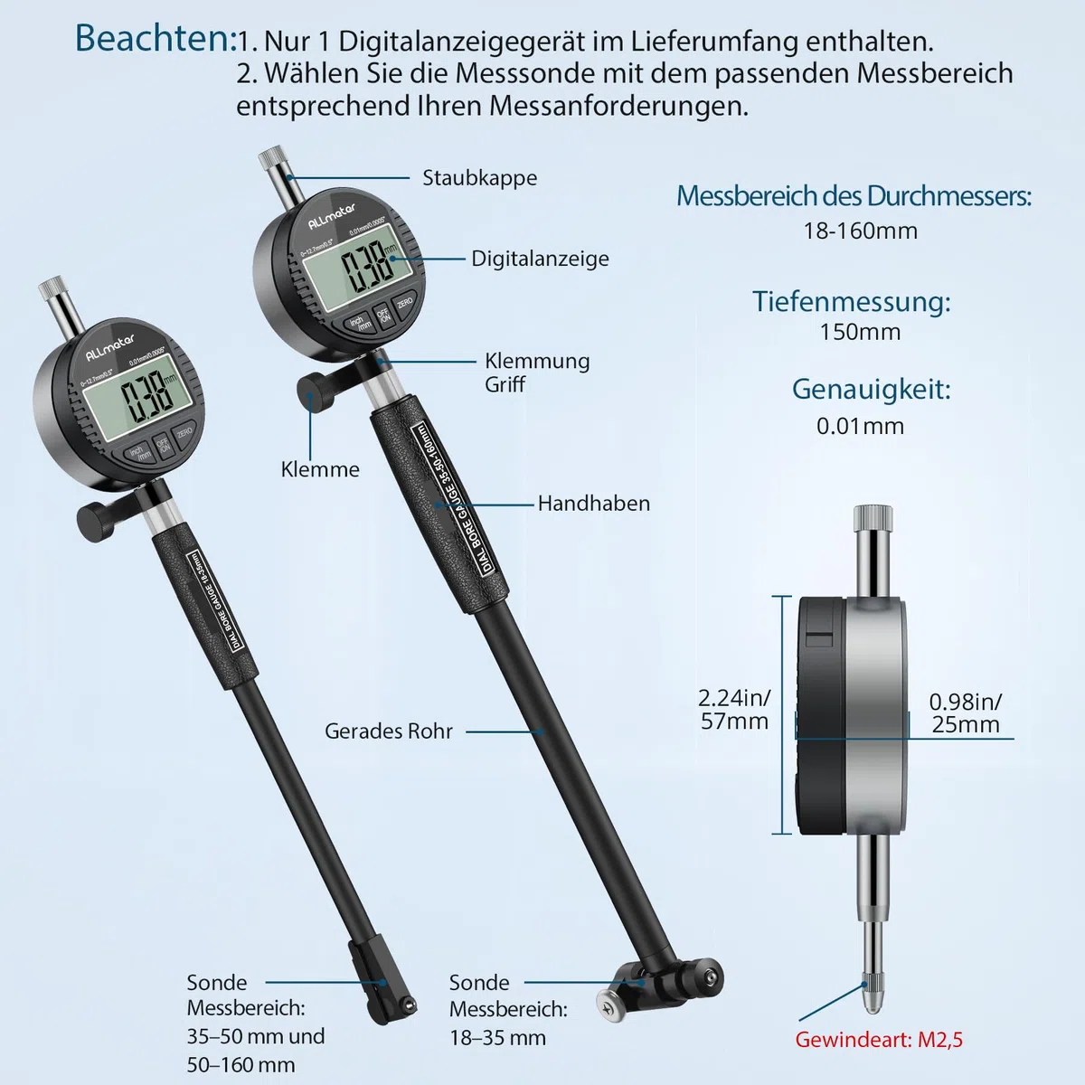 Digitales Bohrungsmessgerät 18-160mm – Präzises Innenmessgerät mit LCD-Messuhr, 0,01mm Genauigkeit, tiefes Messen bis 150mm, inkl. Zubehör & ABS-Box
