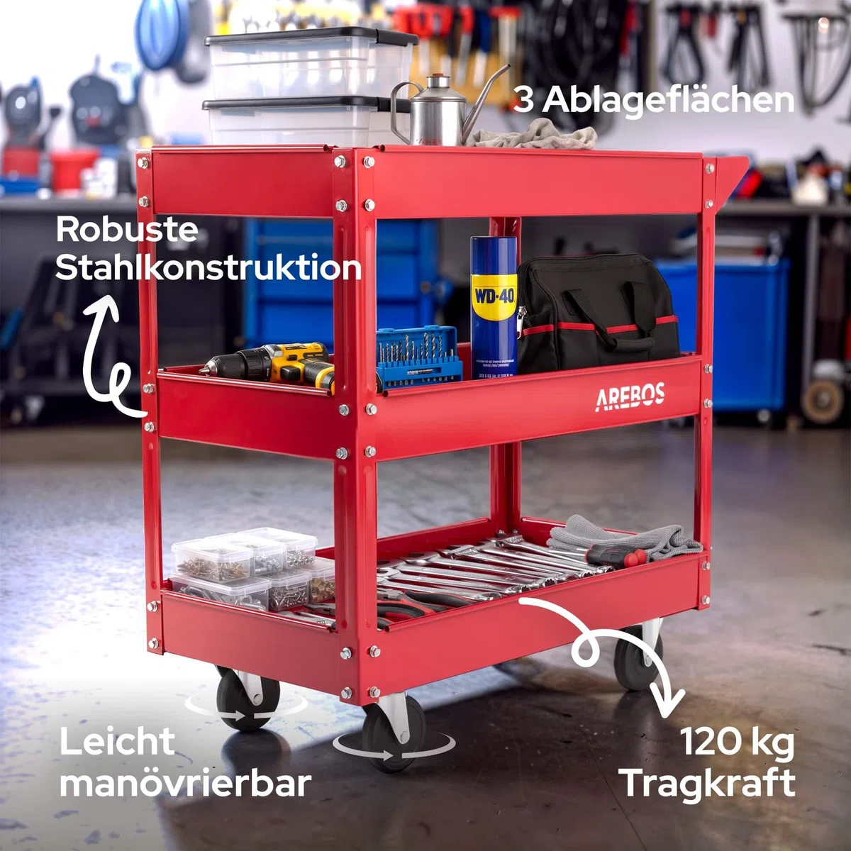 Arebos Werkstatt-Rollwagen | Montagewagen mit 3 Ablagefächern | bis 120 kg belastbar | robuster Werkzeugwagen aus Stahl | Mobile Transporthilfe | für Werkstatt, Garage & Hobbyraum | 2er Set
