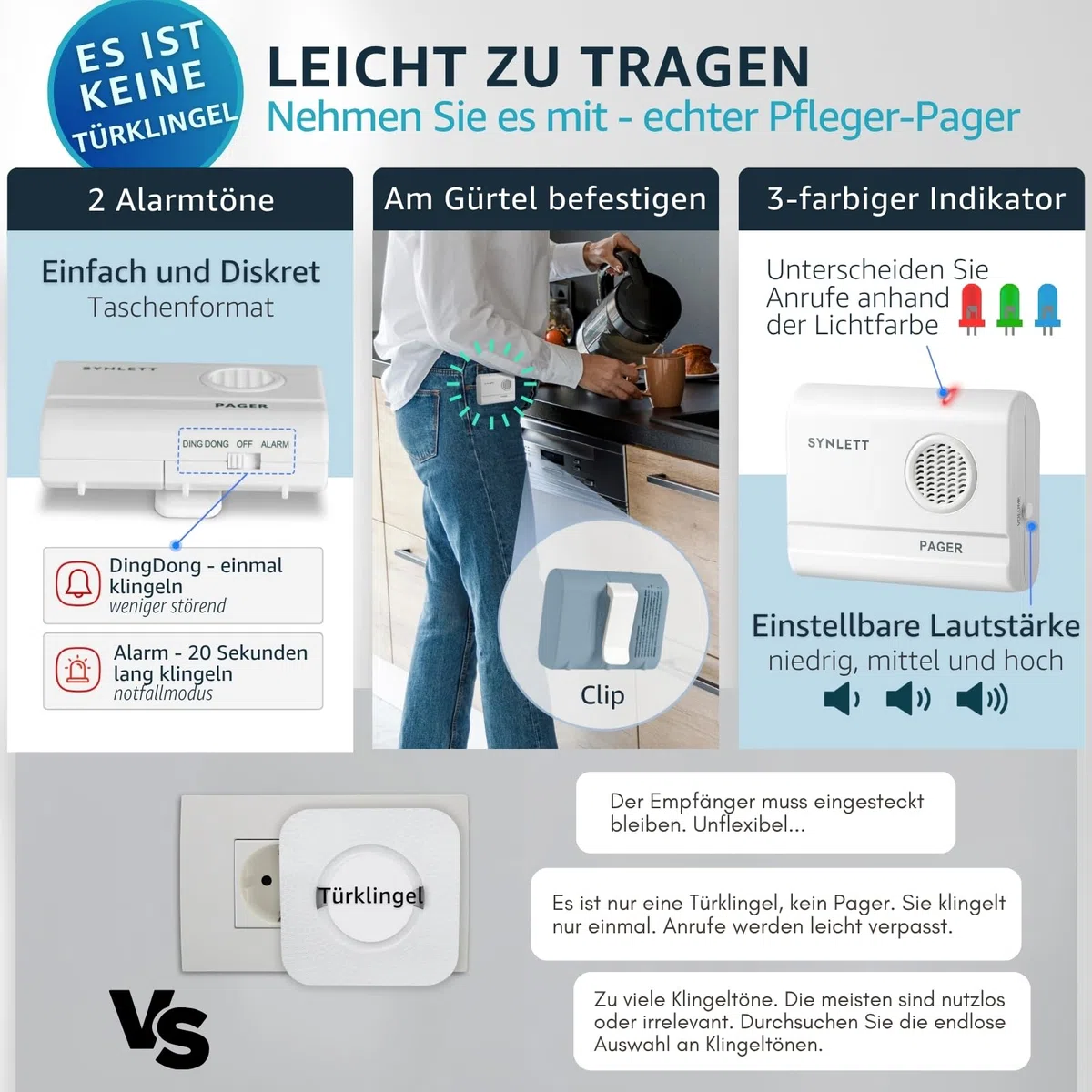 Pflege Pager mit 2 Rufknöpfen Kabelloses Rufsystem für Senioren Altenpflege und betreutes Wohnen Notrufhilfe auf Knopfdruck