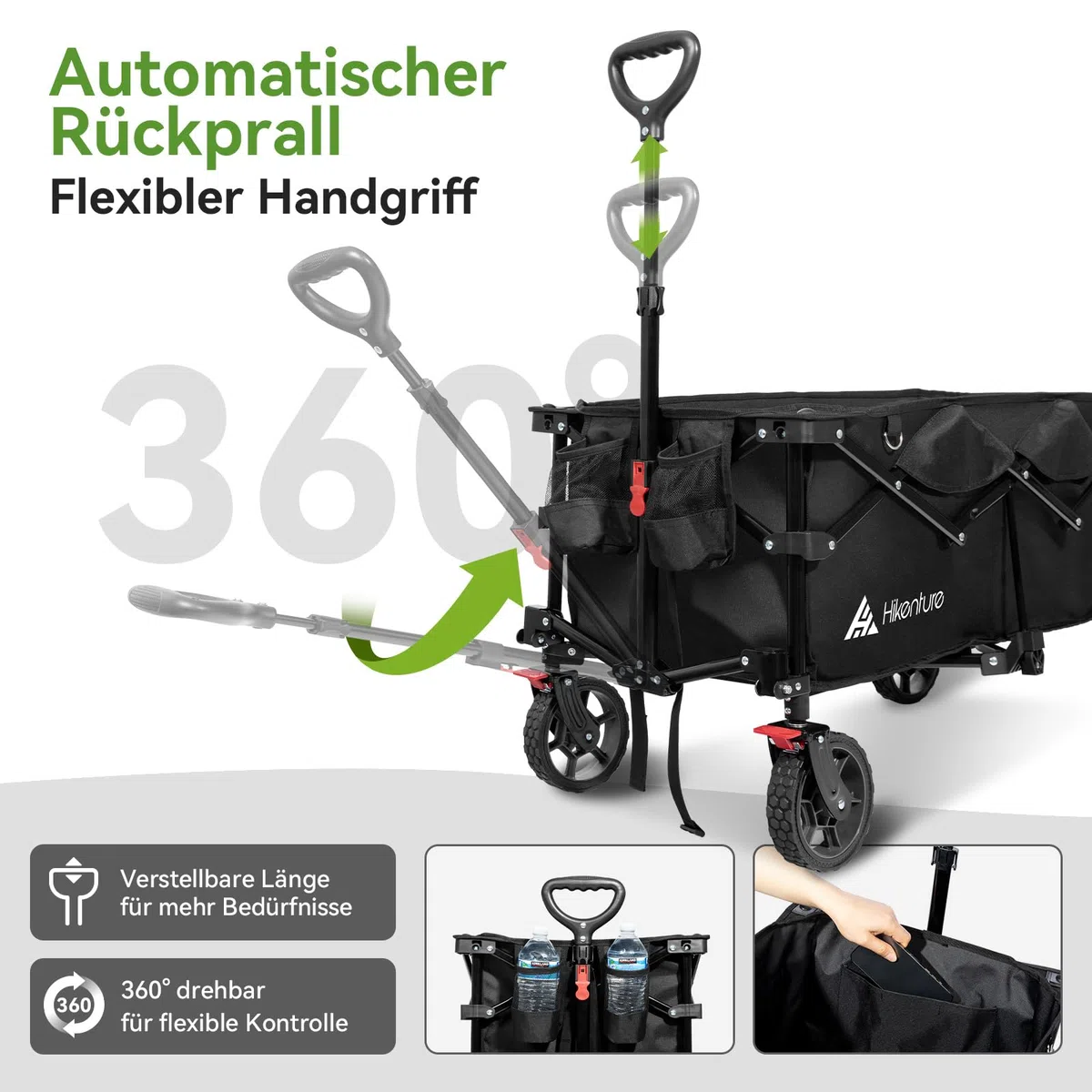 HIKENTURE Bollerwagen Faltbar 135L - Faltbarer Bollerwagen 150KG belastbar - Klappbarer Handwagen für Strand Camping Einkaufen - Faltbollerwagen