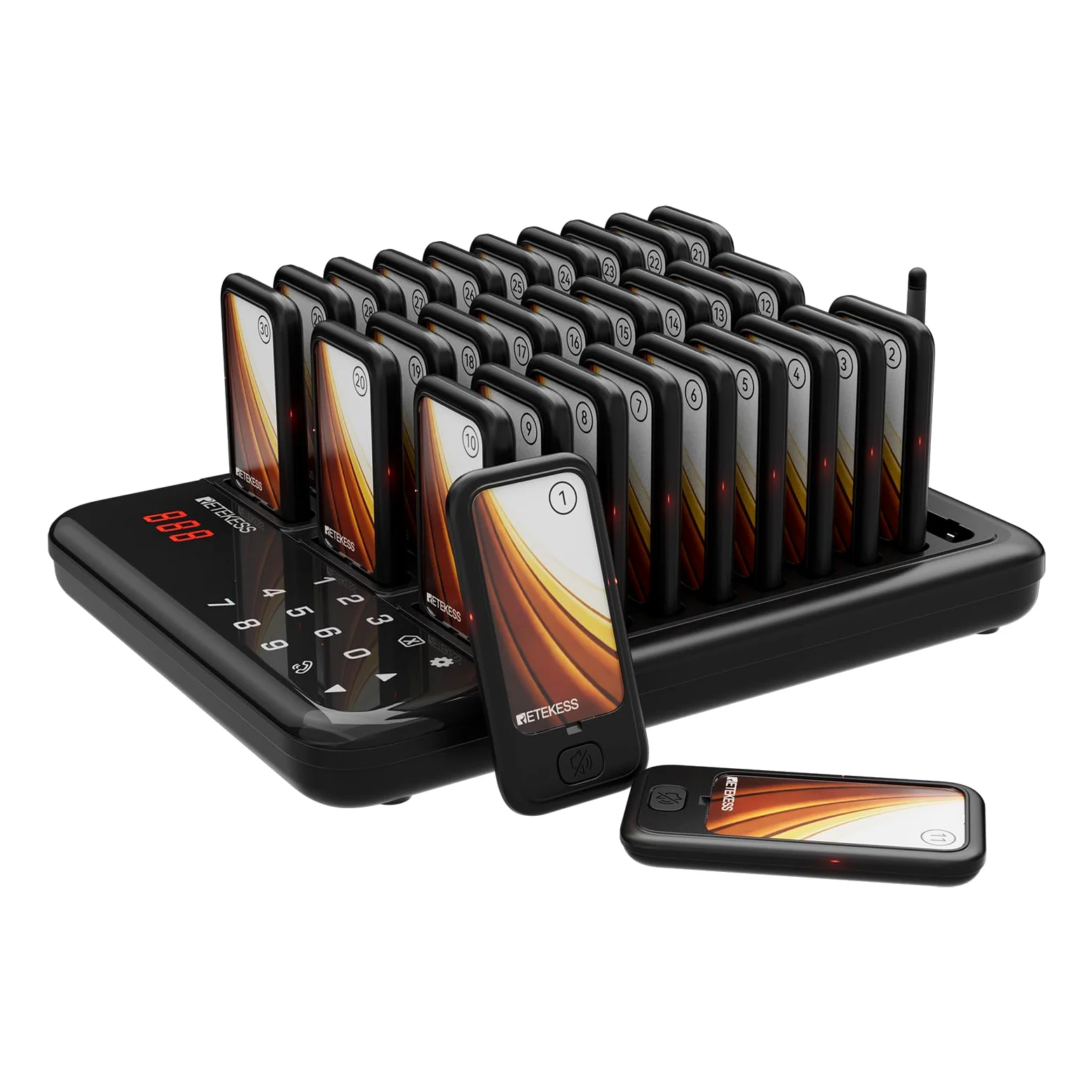 Retekess TD173P Pager Rufsystem, Pager Gastronomie, 30 Pagers, Draußen 800M, Mit Stummschalttaste, 7 Anrufmodi, Austauschbare Werbeaufkleber, Gästerufsystem for Food Court, Bar, Einkaufszentrum