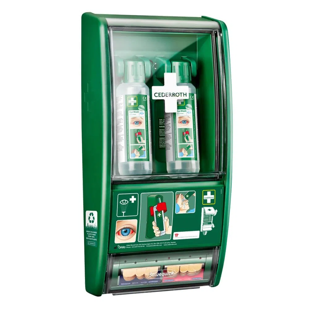 CEDERROTH Augenduschstation, 2 Augenspülflaschen 500 ml, mit Pflasterspender aus Kunststoff, Art.-Nr. 721500 | Augenspülung | Augenspülstation | Augenduschstation