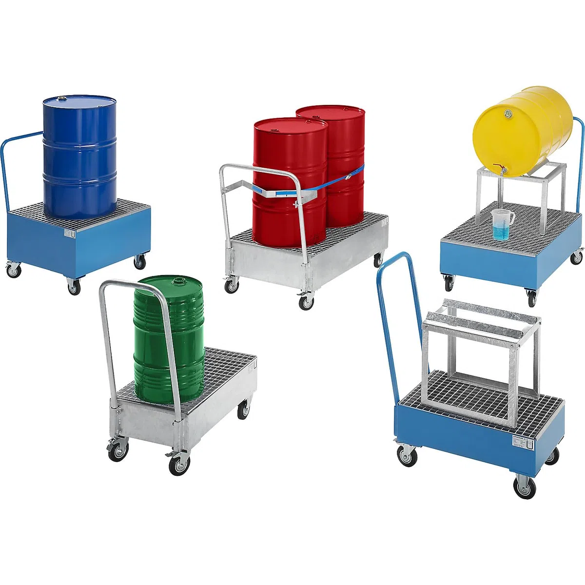 eurokraft | Fahrbare Auffangwanne aus Stahlblech | LxB 800 x 500 mm | 2 x 60-l-Fass stehend | Blau RAL 5012