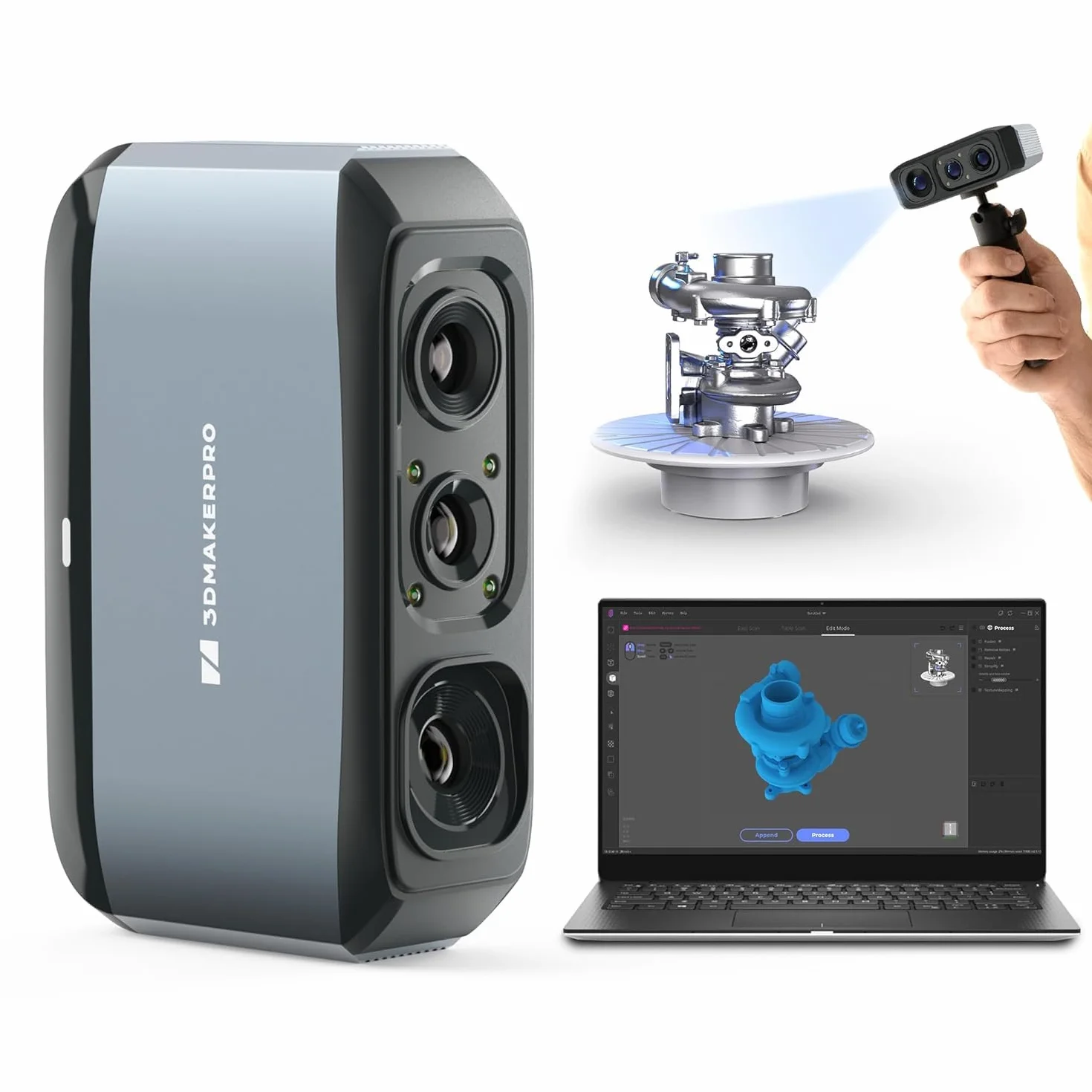 3DMakerpro 3D-Scanner Moose für 3D-Modellierung – Handscanner mit 24-Bit Farbe, 0,03 mm Präzision, Blaulicht-Technologie, AI-Tracking, Windows/macOS (Premium)