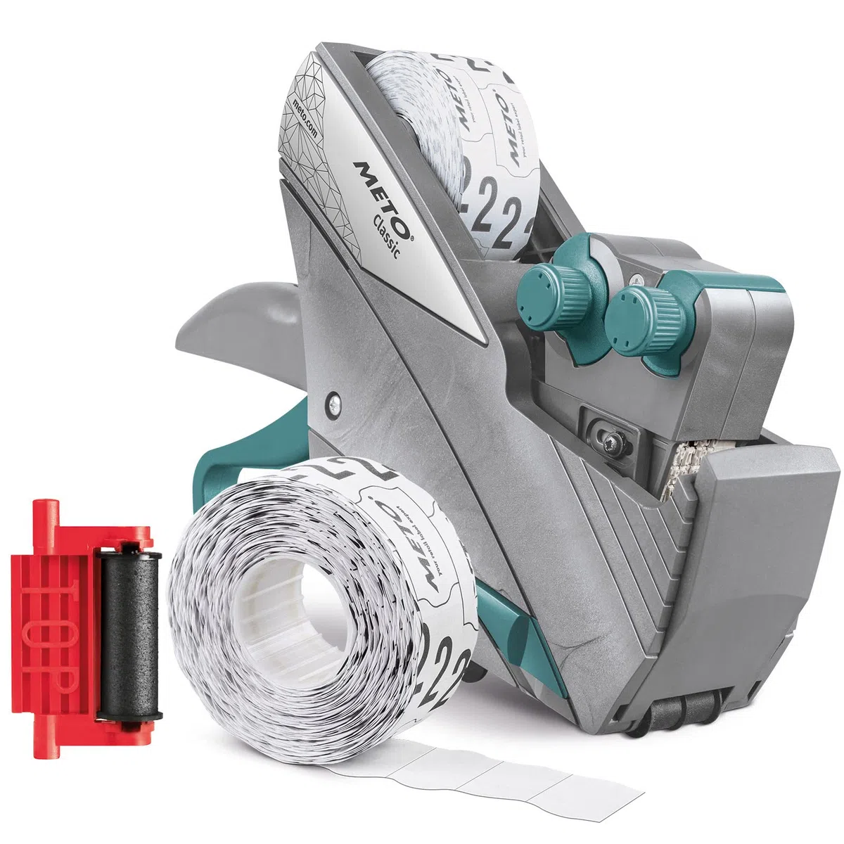 Meto Original Classic XL Giant Preisauszeichner Set – Preis, Rabatt (2-zeilig, 18-stellig für 29 x 28 mm Etiketten, sofort einsatzbereit), 1x Handauszeichner, Silber-Teal