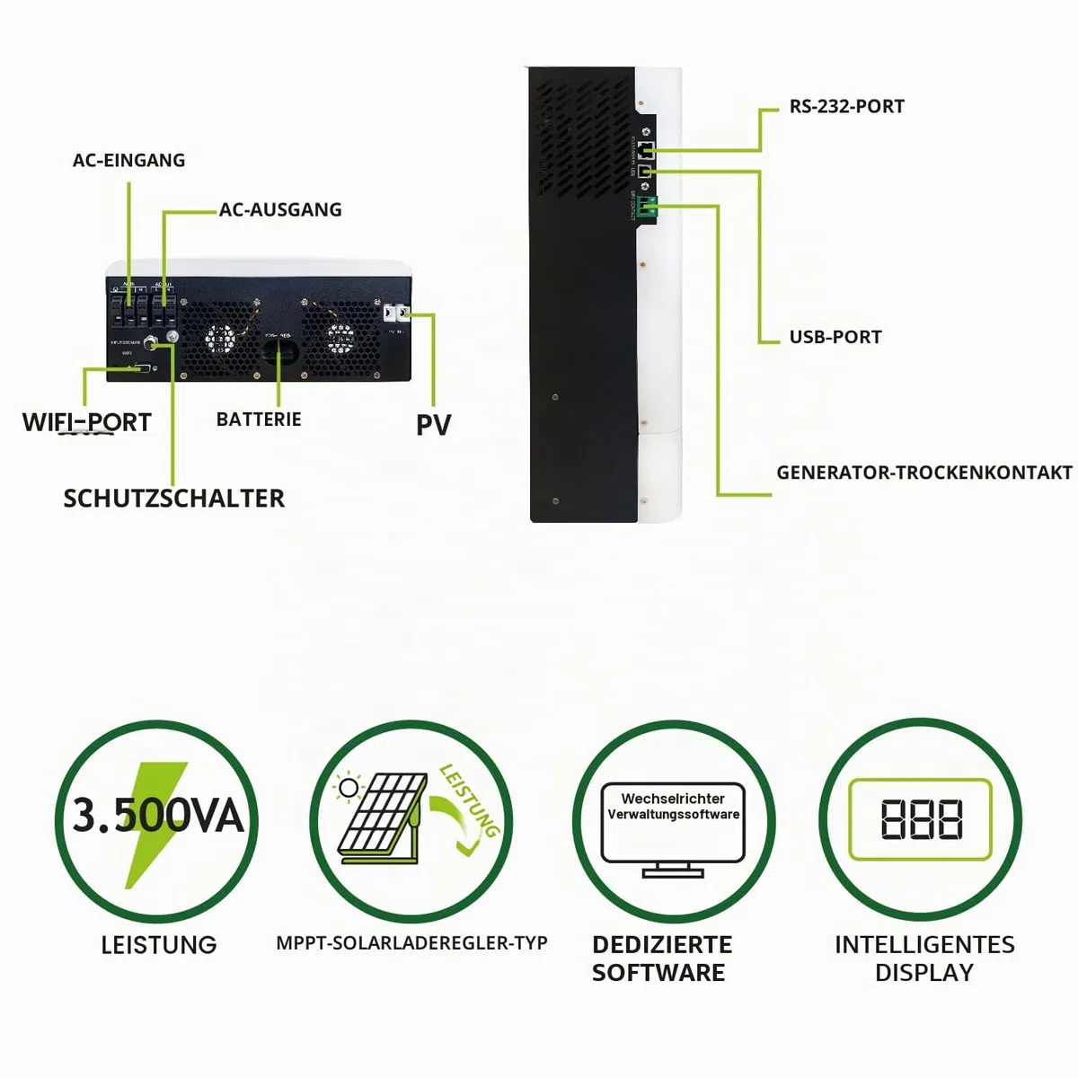 Tecnoware Power Systems - Hybrid Solar-Wechselrichter 3500VA, Reine Sinuswelle, MPPT 120V-450V, Integriertes Batterieladegerät, Kontinuierliche Stromversorgung, USB/RS232 Schnittstelle, Weiß, 3500VA