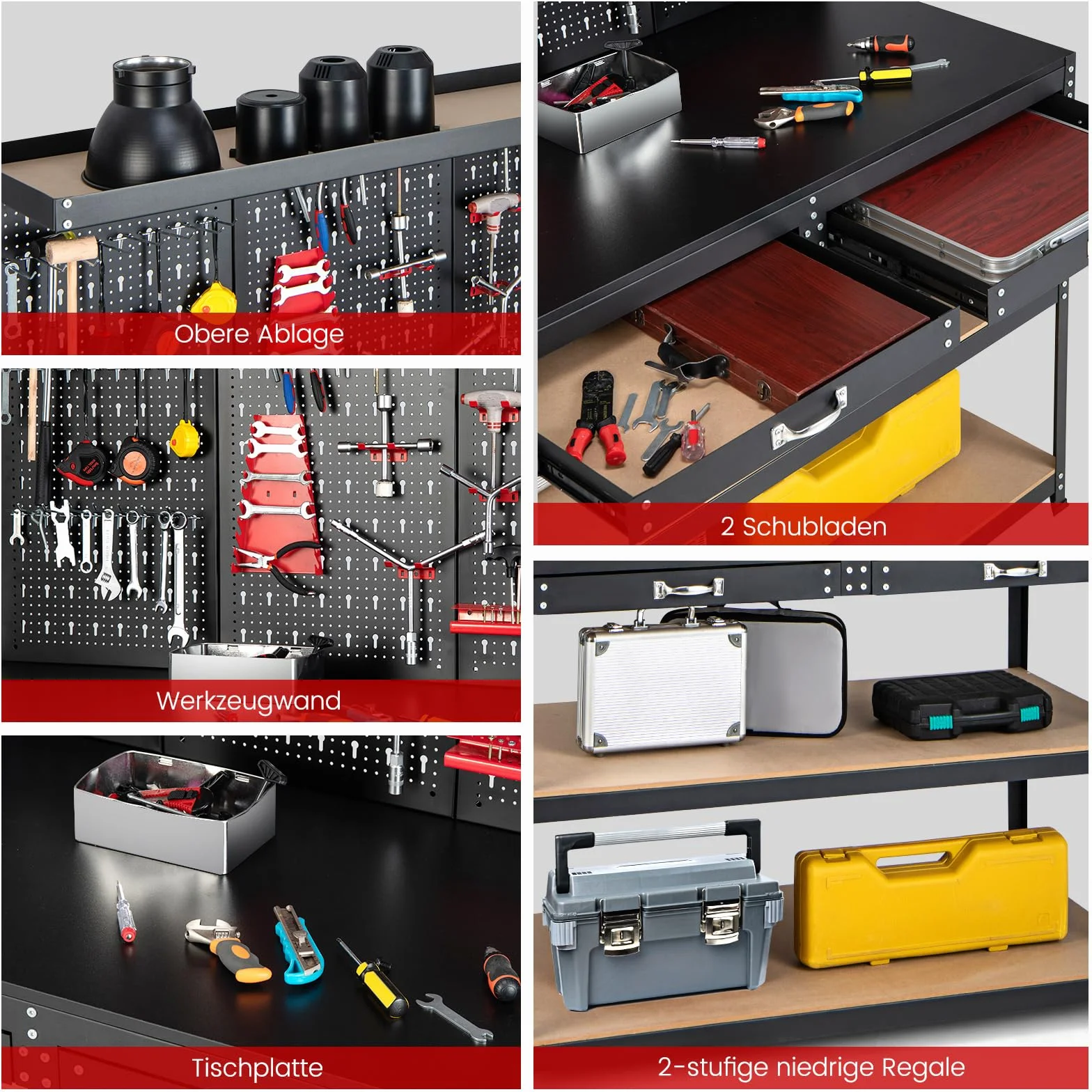 COSTWAY Werkbank, Werkzeugbank mit Lochwand, Werktisch mit Schublade, große Arbeitsplatte & 3 Ablagen, inkl. 13 Zubehörteile zum Aufhängen, Arbeitstisch für Garage und Werkstatt (121 x 61 x 156 cm)