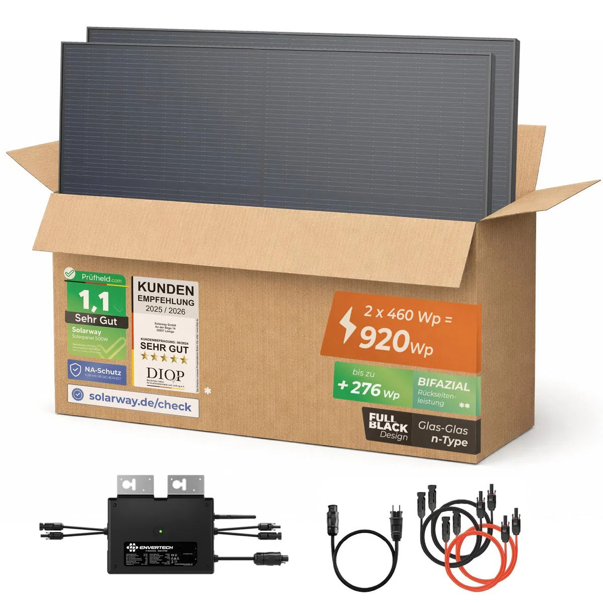 Solarway® 920W Balkonkraftwerk 800W komplett Steckdose - neuester 800 Watt Wechselrichter - Solaranlage Komplettset - 460W bifaziale Solarmodule & Envertech & Zubehör