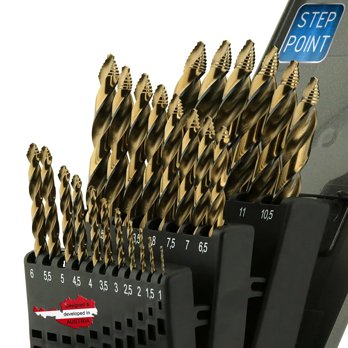 WELIQU HSS-Co Step Point Spiralbohrer Set 25-teilig 1-13mm x 0,5mm - Selbstzentrierende Metallbohrer, DIN 338, 118° für Stahl, Edelstahl, Aluminium, Messing, Bronze, Gusseisen, Hartholz, Kunststoff