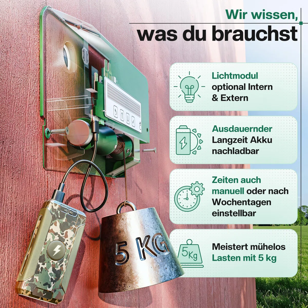 Solar Türöffner 5kg für Hühner, automatische Uhrzeitermittlung und Jahreszeitanpassung, mit integriertem Speicher und Doppelrolle, für Ihre Hühnerklappe nachrüstbar (Braun, Basis Paket)