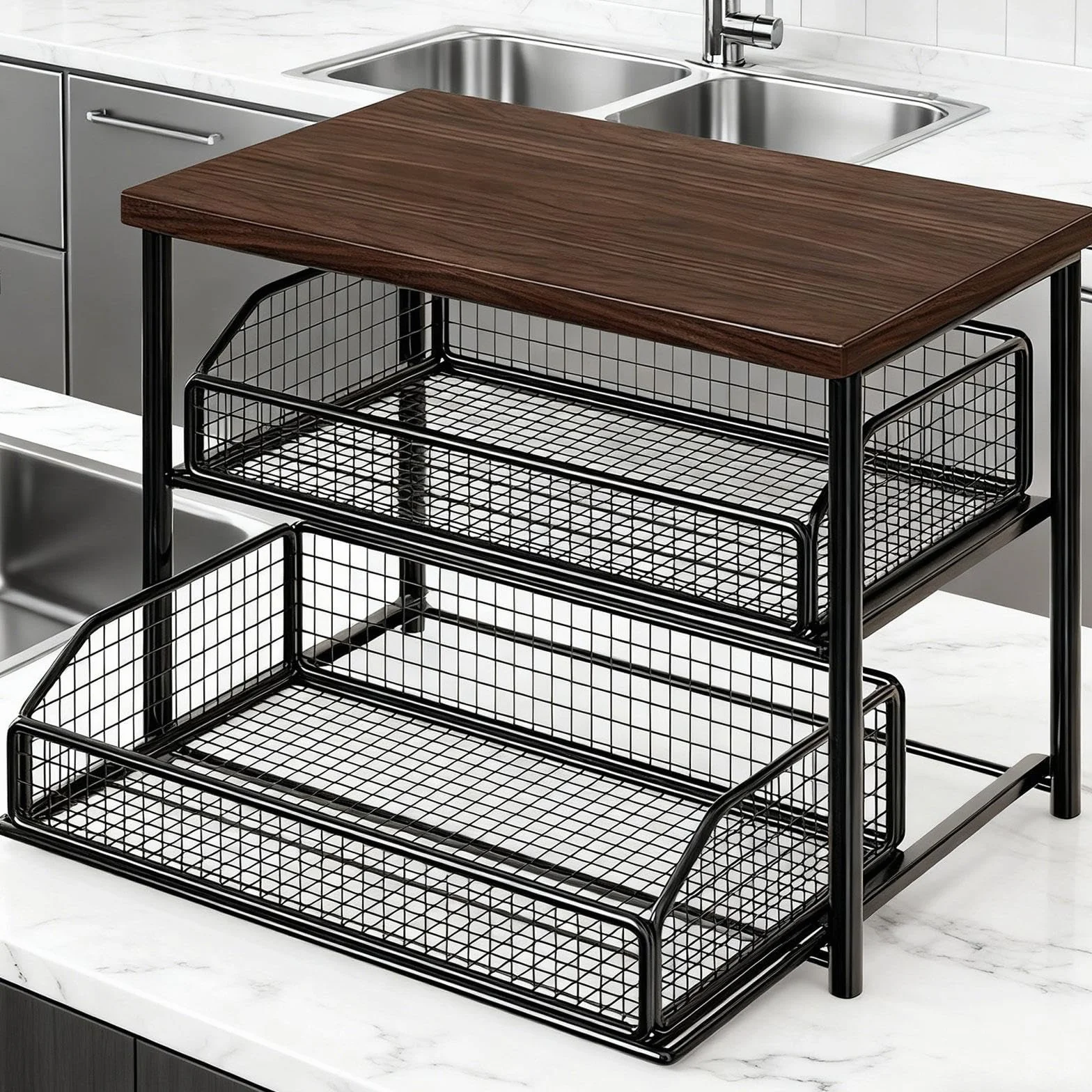 Kaffee Station Organizer Regal mit Schublade Zweistufige Ablage Aus Eisen Und Holz Ideal Zur Aufbewahrung von Tassen Und Zutaten für Küche Kaffeebar V, Schwarz