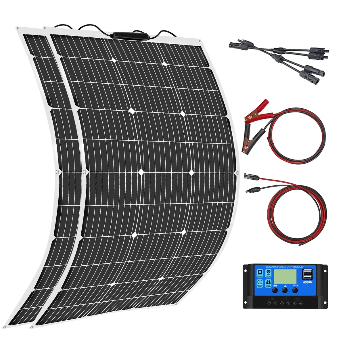 200W 12V Solarpanel Flexible Kit 2x100W 18V Flexibel Monokristallines Photovoltaik Solarmodul mit 20A Laderegler für Wohnmobil, Auto, Boot, Wohnwagen, 12/24V Batterien