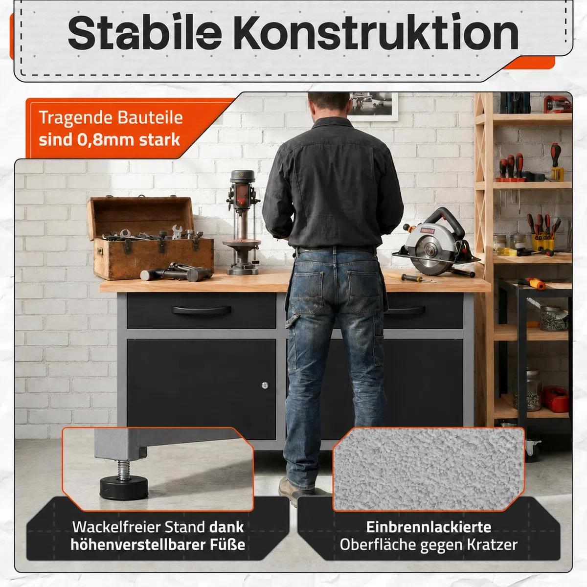 Ondis24 Werkbank Metall mit Schubladen, 2 Schubladen & 2 Türen, Werkstatt Metall 120 cm, Werktisch 120cm, Montagewerkbank, 28mm Buchenholzarbeitsplatte, Werkstatteinrichtung