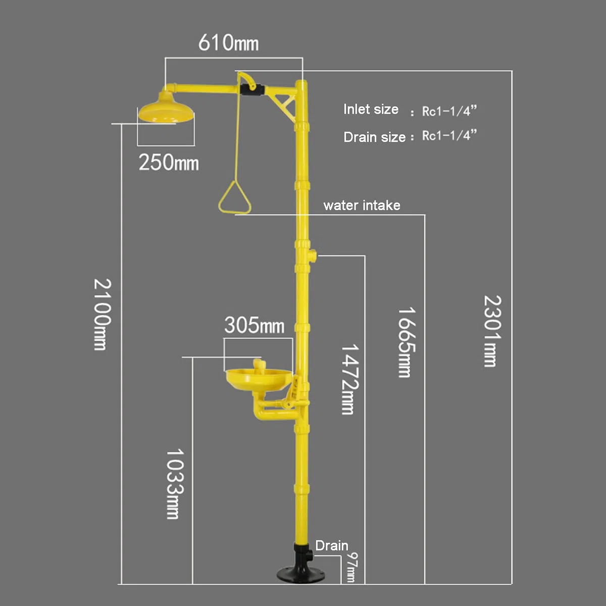 Kombinations-Augendusche-Notdusche, Augen- und Gesichtswaschstation S304 Edelstahl-ABS-Beschichtung für Labor und Industrie (Size : 2100x610mm)