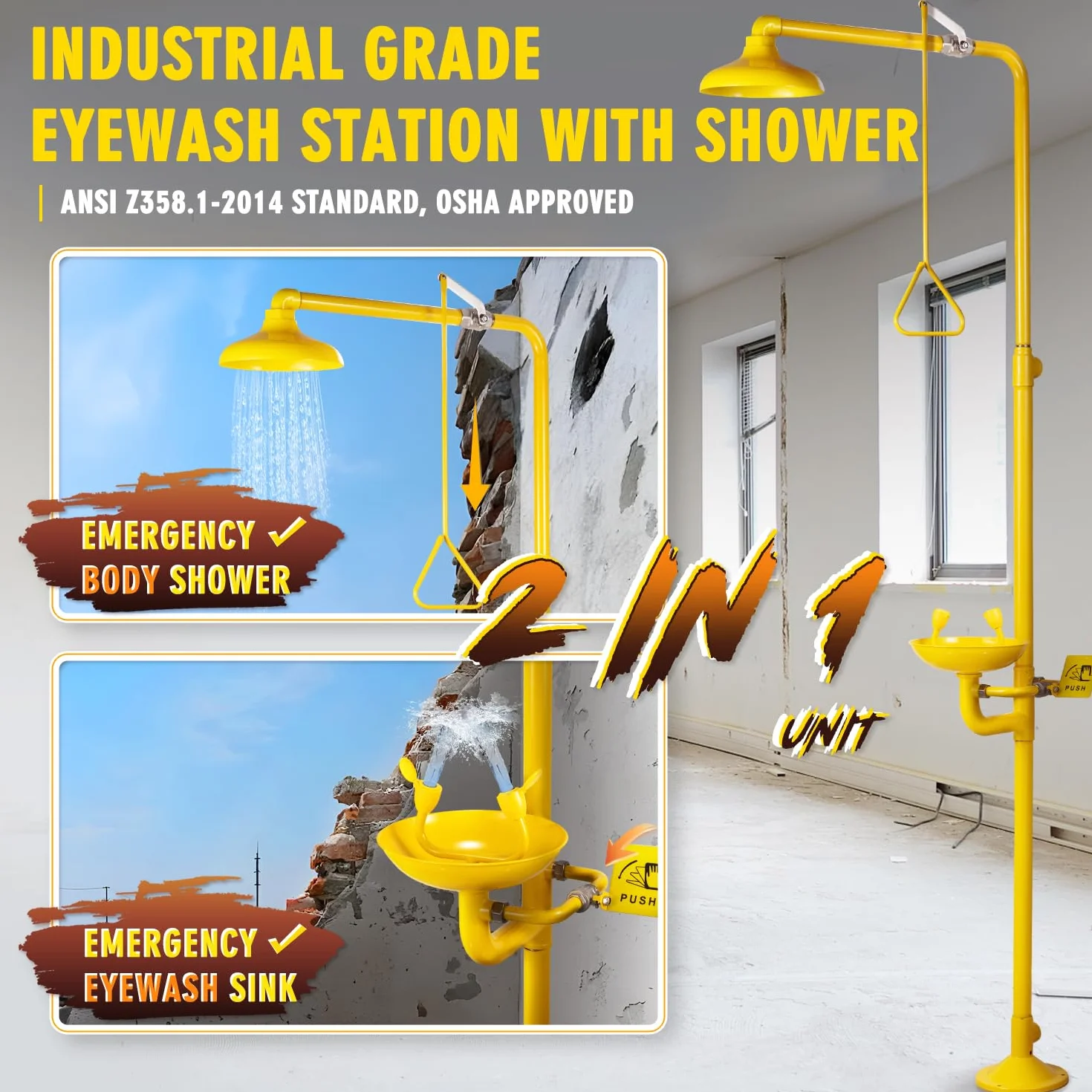 CGOLDENWALL Notfall-Augenbrause & Dusche Kombistation, Vollständig aus 304 Edelstahl mit ABS-Beschichtung, 12L/Min Augenbrause & 75,7L/Min Dusche, für Fabrik/Labor/Maschinen/Bauindustrie