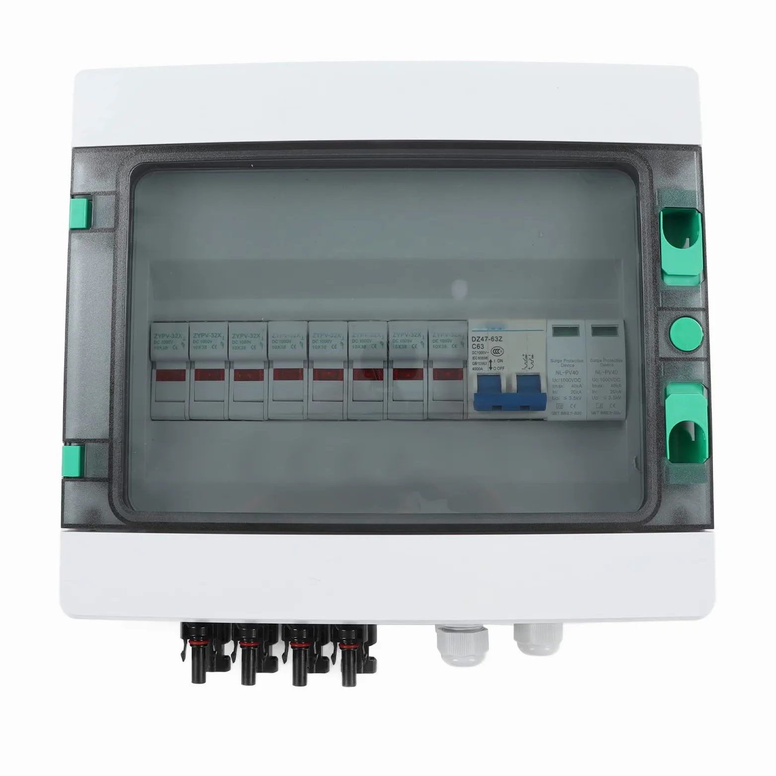 4 String PV Combiner Box mit Überspannungsableiter 15A Sicherung 63A DC Leistungsschalter IP67 Solar Combiner Box DC1000V 8 Sicherungen