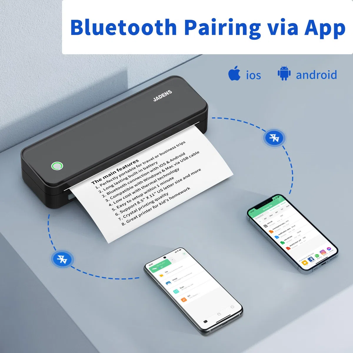 JADENS Portable Thermal Drucker, Unterstützen 210x297mm A4, Bluetooth Mobile Tragbarer Drucker A4, kompatibel mit Android und iOS für Unterwegs & Laptop
