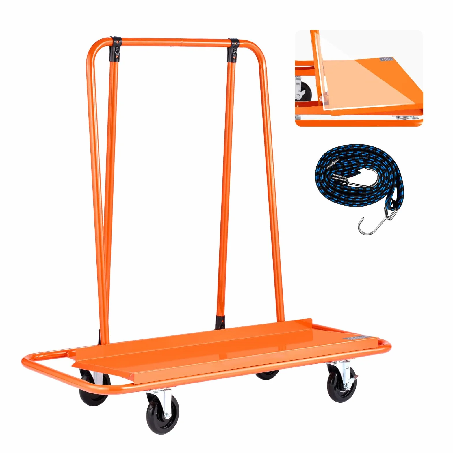 VEVOR Plattenwagen, 816 kg Tragkraft, Transportwagen mit 4 Lenkrollen, Paneelwagen, Plattenkarren mit Spanngurt, Transporthilfe für Sperrholz, Gipskarton, Glas, Orange, 1150x555x1180 mm