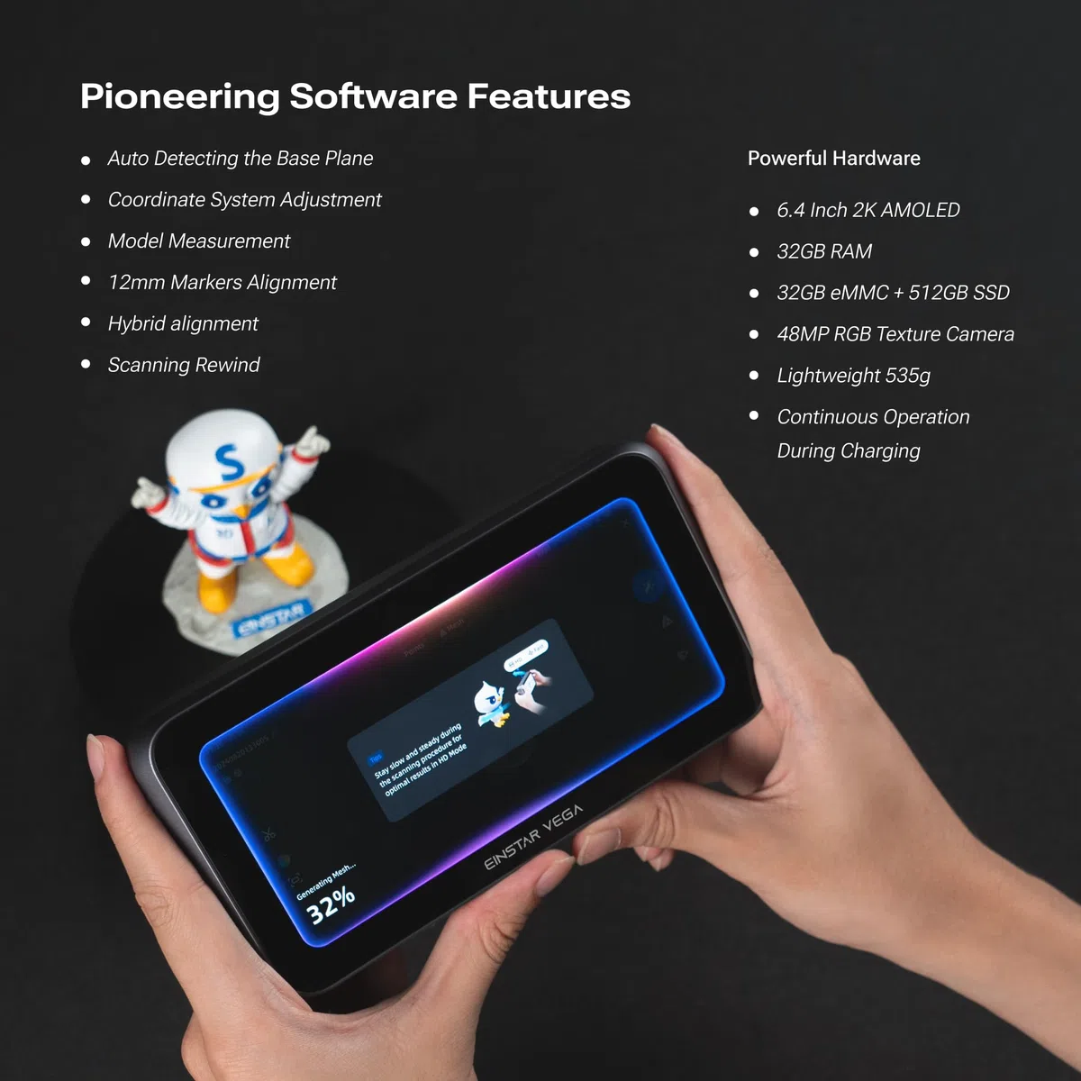 SHINING 3D EINSTAR VEGA Kabelloser 3D-Scanner, All-in-One Handgerät, Duale Technologie für kleine bis große Objekte, 48MP Farbe, Kompatibel mit Win/Mac, 32 GB