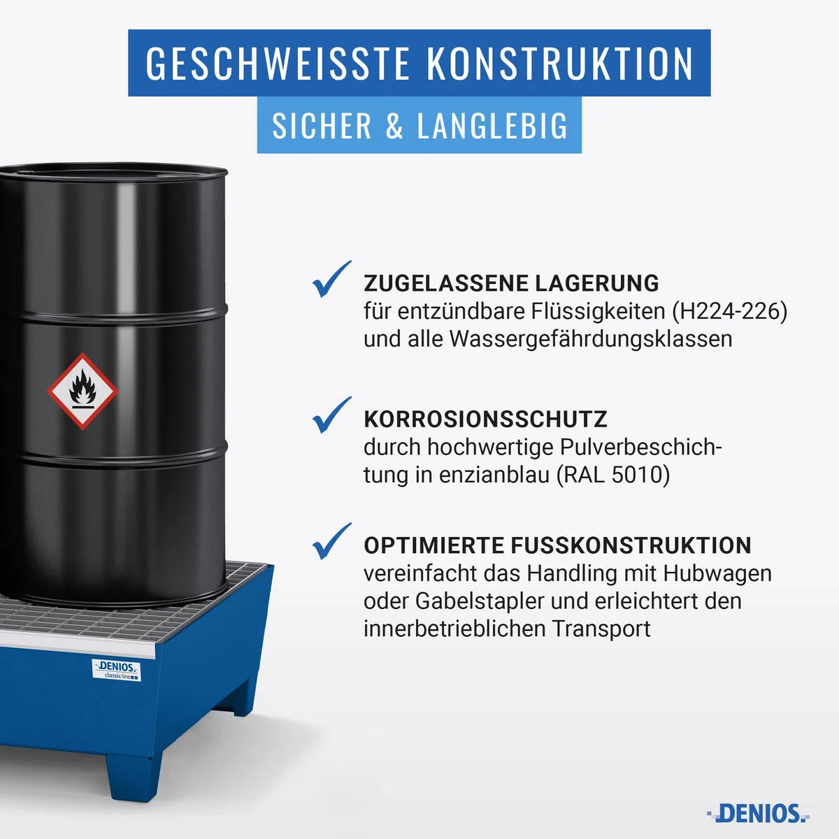 DENIOS Auffangwanne aus Stahl | mit Gitterrost und Stellfüßen | blau | BxHxT 635 x 278 x 785 mm | Volumen 65 Liter | 2 Fässer | Arbeitssicherheit Notfall-Umweltschutz-Produkte säurefest