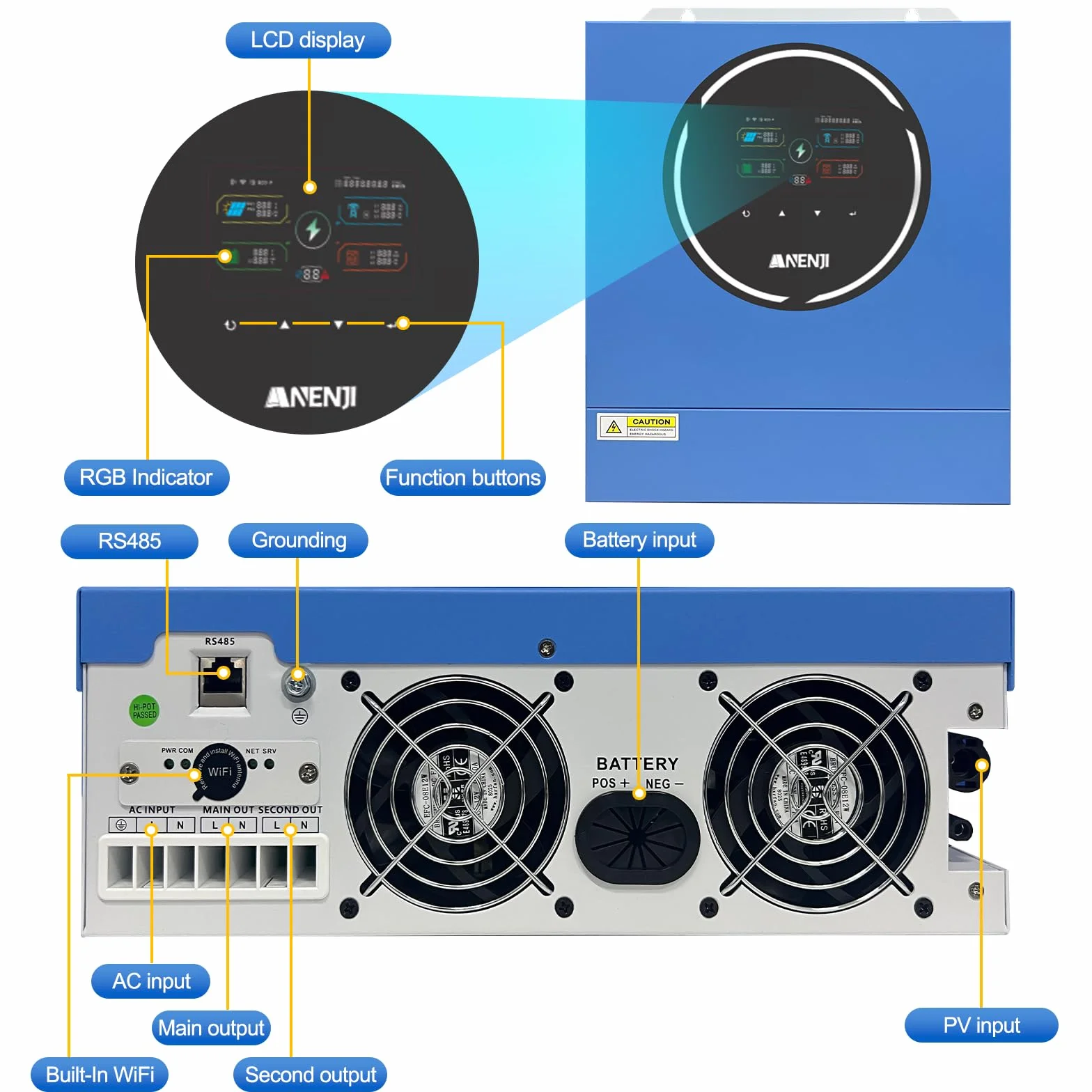 5000W Hybrid Wechselrichter 48V 230V Pure Sine Wave, Integriertes WLAN, 2 AC-Ausgänge, 100A MPPT Solar Laderegler, PV 60-500Vdc, Off-Grid Inverter für Lithium (LiFePO4) & Blei-Batterien, Notstrom