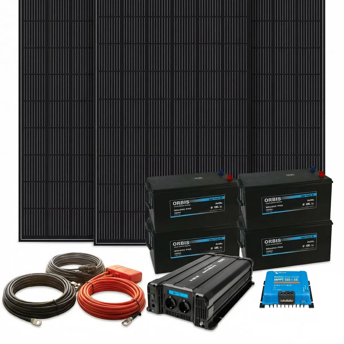3.000 Watt Insel Solaranlage autarke PV-Anlage mit 1.040Ah Batterien, 960W Solarpanelen, 4 Solarbatterien, MPPT Laderegler, Sinus Wechselrichter, installationsbereit