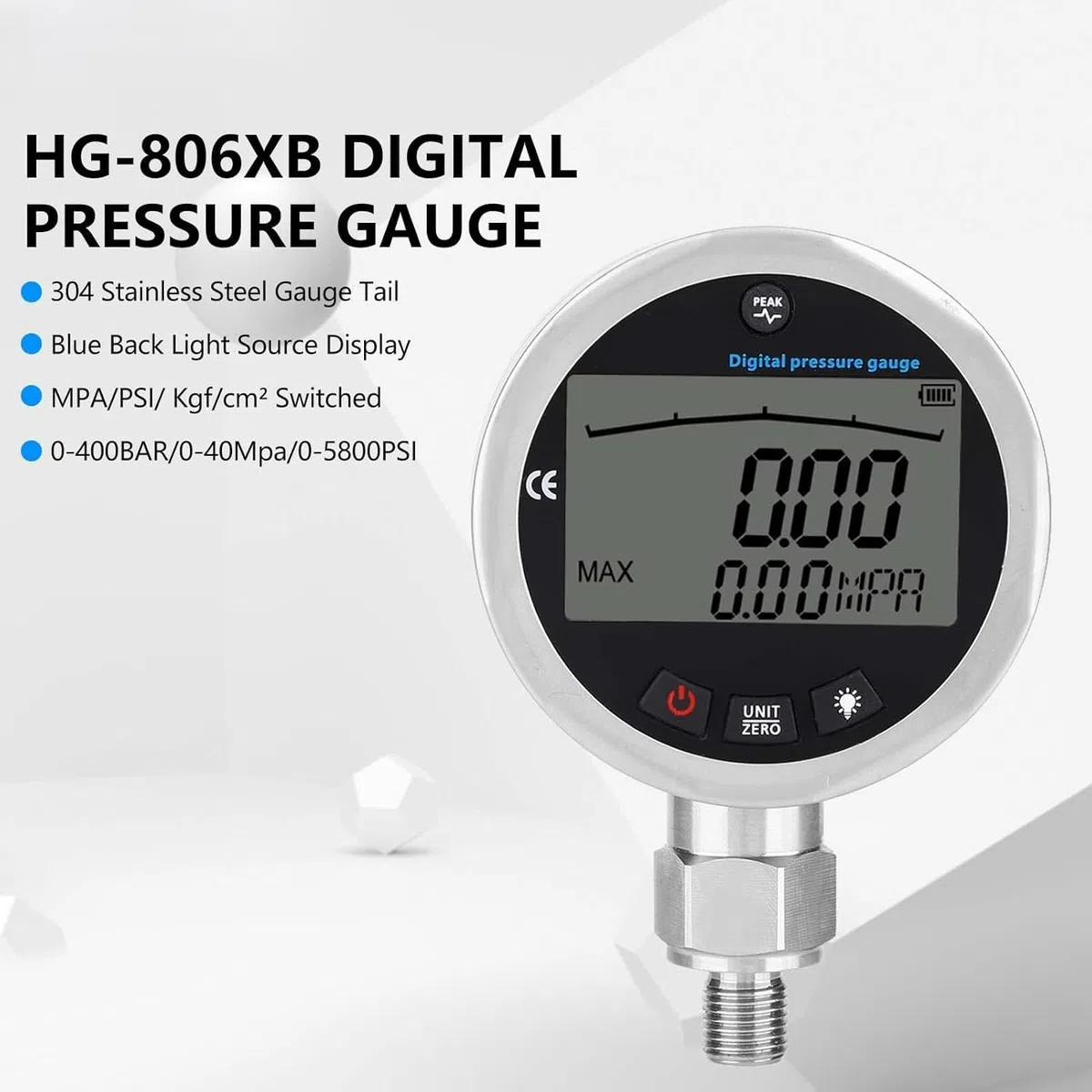 Digital Hydraulik Manometer, Edelstahl Hydraulisches Druckmessgerät, 0-400BAR, 0-40Mpa,0-10000PSI Wasserdruckmesser, Hydraulischer Messgerät mit Beleuchtetem LCD, für Wasser, Gas, Öl Tester