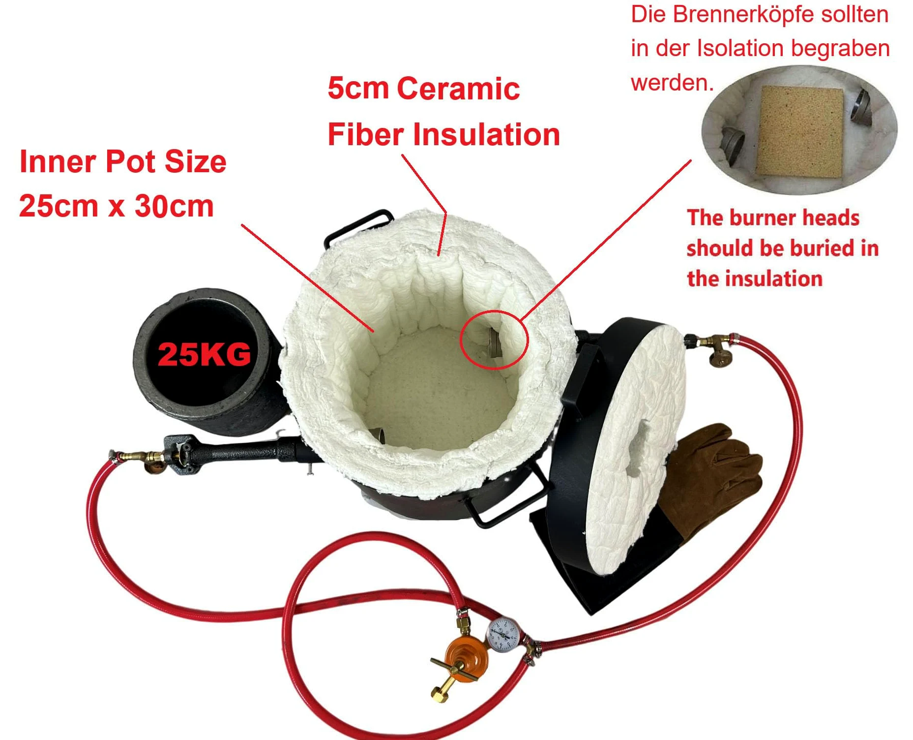 25KG Groß Propangas-Schmelzofen-Set, Dual Brennern mit Regler, Metall Schmelzofen mit 25KG Graphit-Tiegel, Gießerei Brennofen für Schmelzendes Kupfer, Messing, Gold und Aluminium