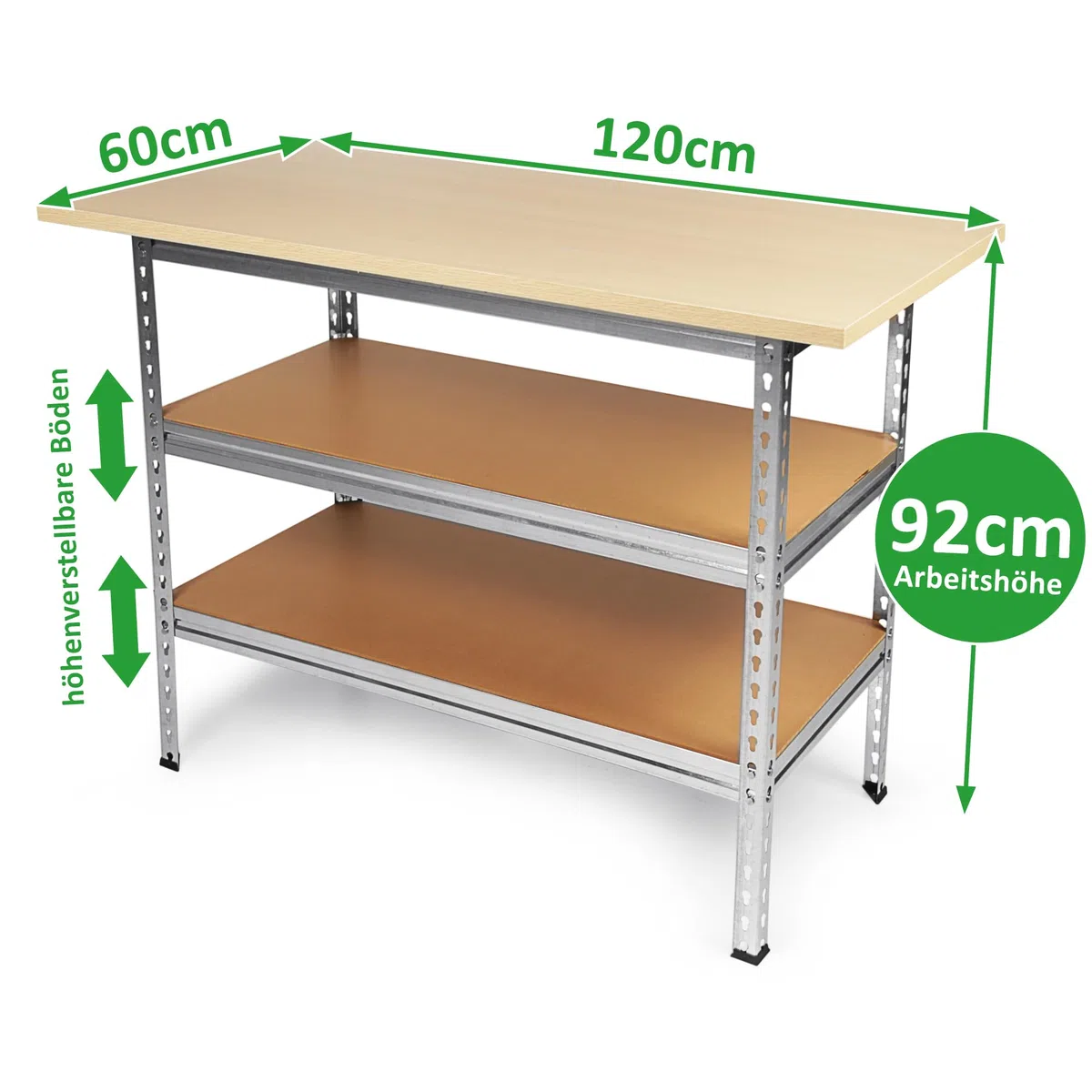 Ondis24 Werkbank Werkstatt 120x60cm Mit 25mm Melaminarbeitsplatte, 151cm Höhe, 2 Ablageflächen, Metallgehäuse, Lochwand Werkstatt Set Mit 3 Lochwänden & 22 Haken Für Handwerker