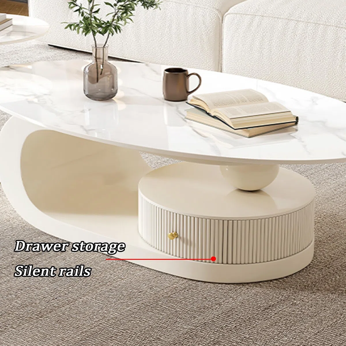 Ineinander stapelbares Couchtisch-Set, mit Schubladen, in Zwei Ausführungen erhältlich, bodenstehendes Design, halbmondförmiges Couchtisch-Set, 2 Stück, weiß (WeißA, 39 Zoll + 20 Zoll)