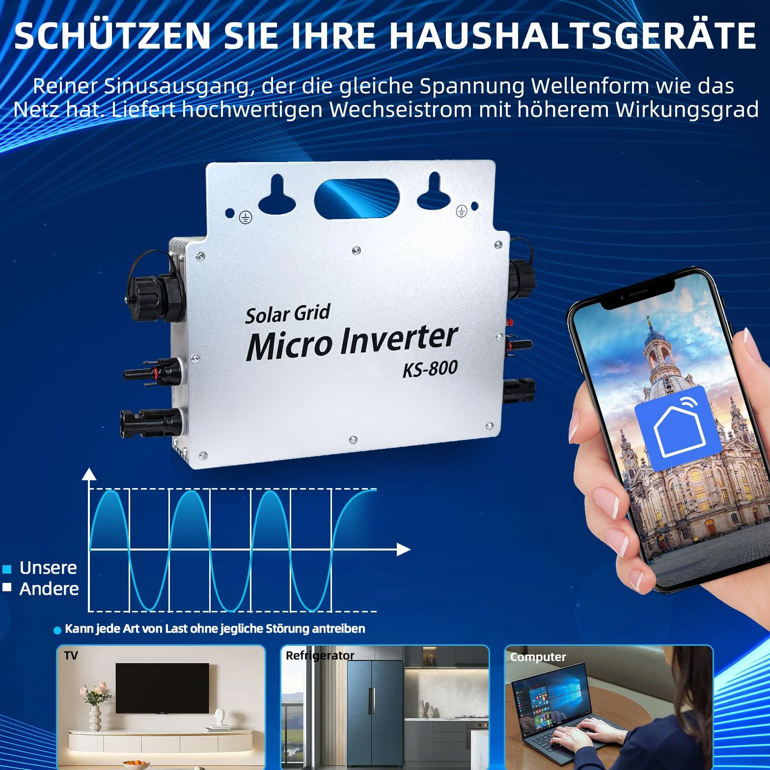 Wechselrichter 800w - Wechselrichter IP65 Wasserdicht - Wechselrichter Solar Mit WLAN APP Für 2 Solarmodule Für Balkonkraftwerk, Wechselrichter Balkonkraftwerk 190-270V AC, Silber