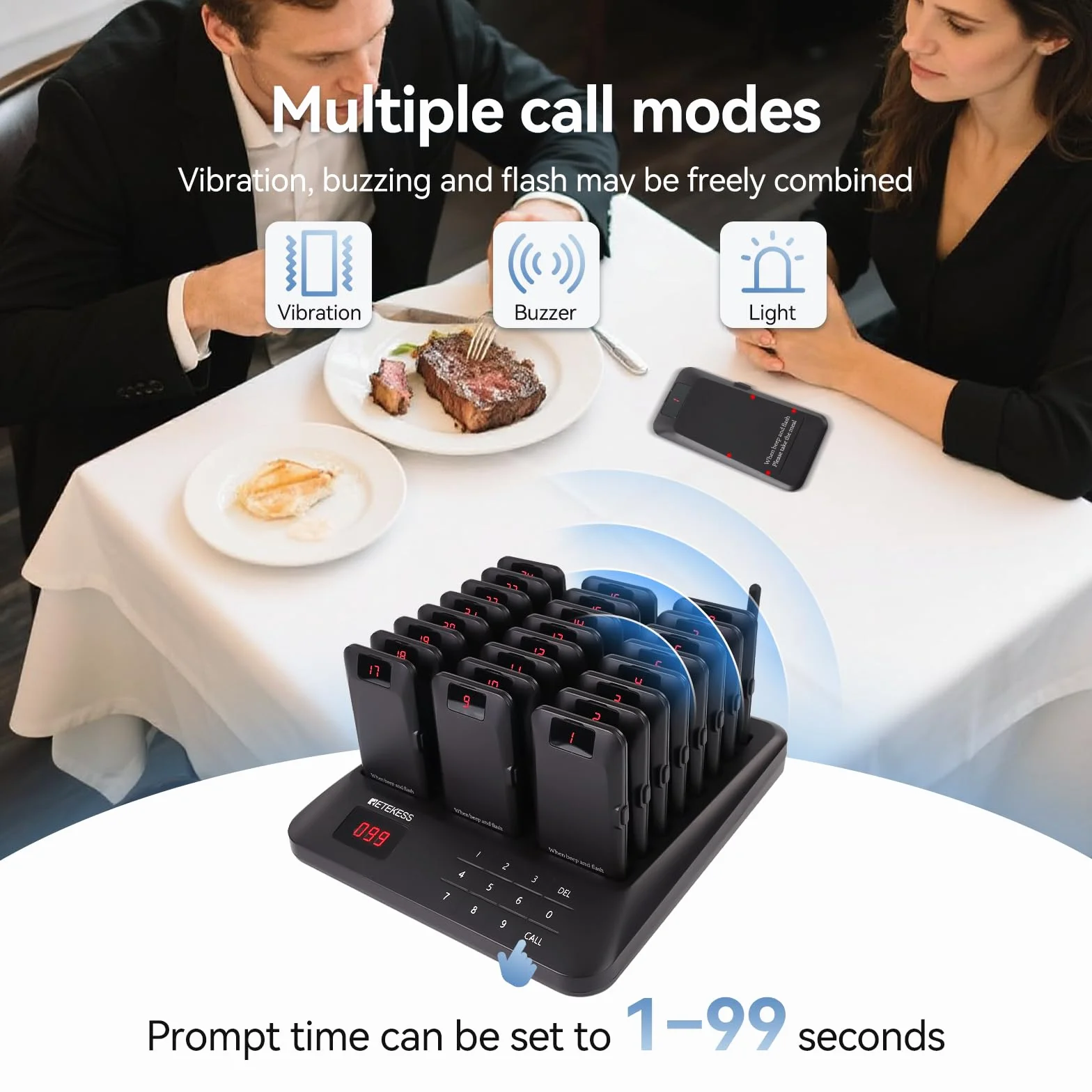 Retekess TD157P Pager Rufsystem, 800M Restaurant Pager, 24 Pagers, 39 Rufmodi, 300 mAh Akku 24H, Mit Stummschalttaste, Außer Reichweite Alarm, Pager Pieper für Food Court, Hotel, Bar