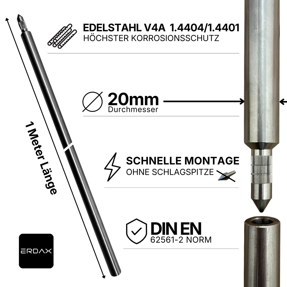 Tiefenerder V4A Set 3x 1m - Erdungsstangen 20mm Durchmesser aus Edelstahl + SDS Max Eintreiber + Kreuzerder Klemme - Erdungsstab für Erdungskabel PV Anlage Staberder 1m Erdung Komplettset