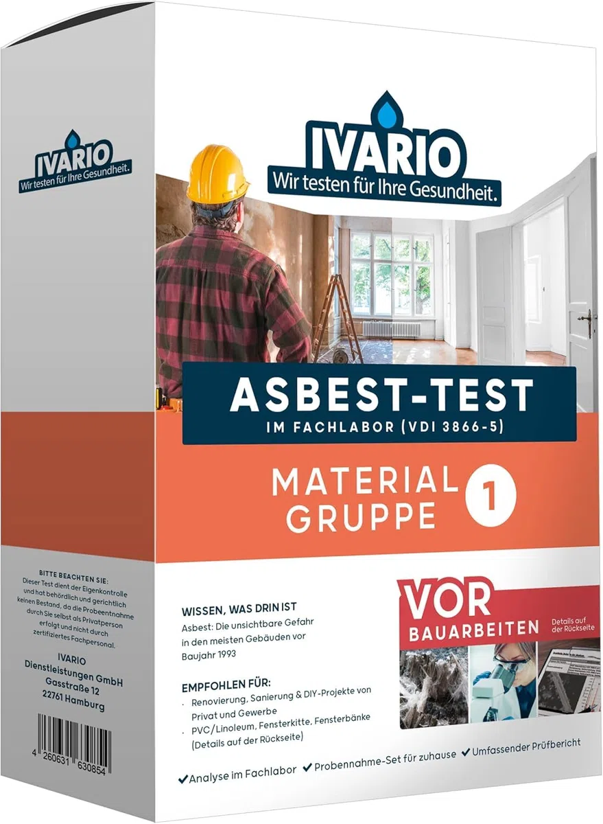 IVARIO Asbest-Test für Dämmplatten, PVC uvm. + Probenahme-Schutz-Set XL | Für Dämmplatten, Eternit, Linoleum, Fensterkitt, Zement, PVC, Dichtungen, Cushion-Vinyl uvm.
