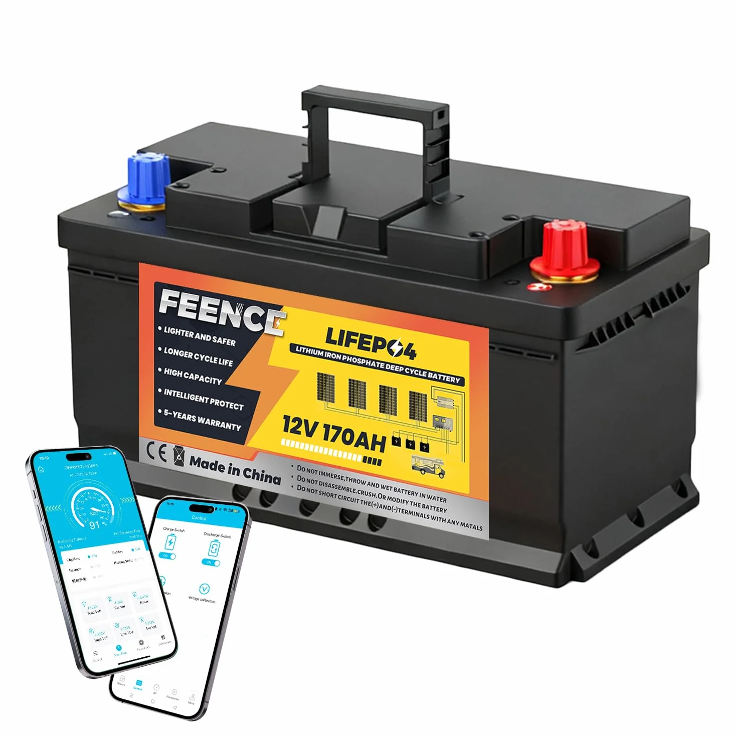 LiFePO4 170Ah Bluetooth, Lithium batterie 12V 170ah mit BMS Low Temperature Schutz und Max. 15000 Zyklens,2176Wh Autobatterie für Wohnmobil,Boot,Solarpanel