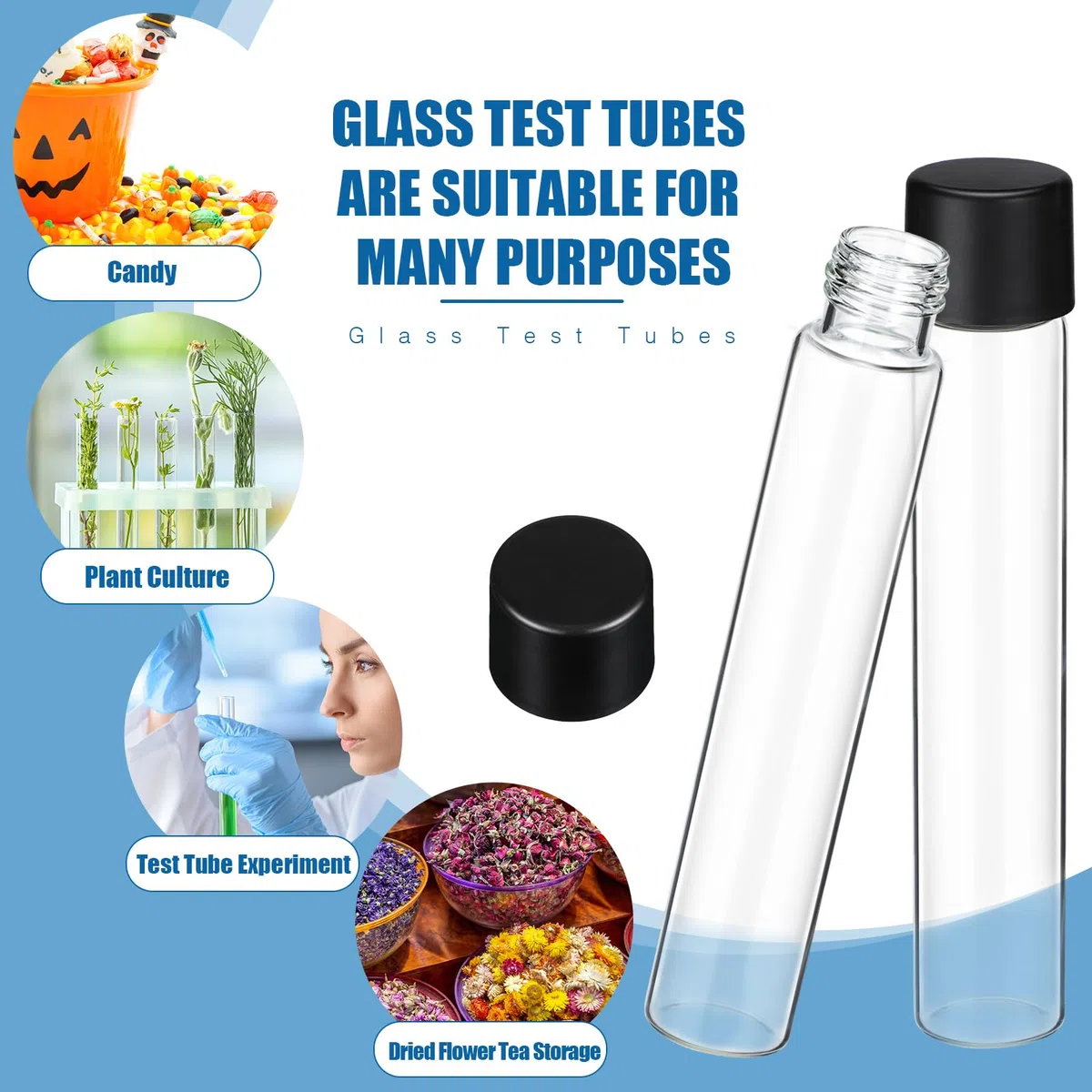 Reagenzgläser aus Glas mit schwarzem Schraubverschluss, 22 x 120 mm, transparente Stopfen mit flachem Boden, Alkoholglasröhrchen, Behälter für Laborpflanzen, wissenschaftliche Experimente