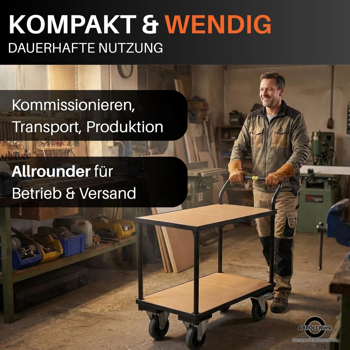 Etagenwagen schwarz 400 kg Traglast – Rollwagen mit 2 Ebenen & Vollgummireifen – Plattformwagen Stahl 95x50x97 cm – Robuster Werkstattwagen Kommissionierwagen Tischwagen (1, schwarz)