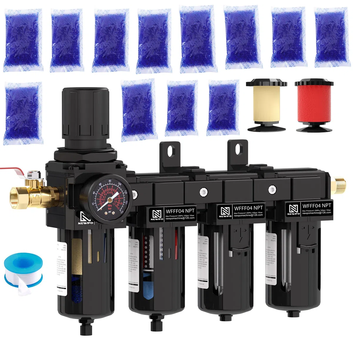 NEWPO 1,27 cm NPT 4-stufiger Lufttrockner für Kompressor, Lufttrocknungssystem, Messingfilter, Koaleszenzfilter, Doppel-Trockenmitteltrockner für Plasmaschneider und Farbspray, halbautomatischer