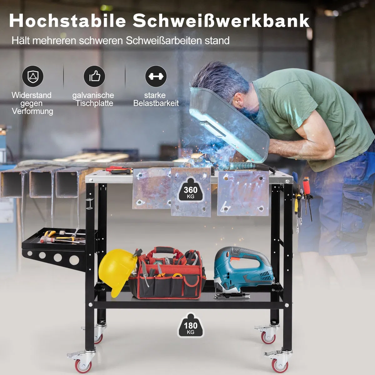 GYMAX Mobiler Schweißtisch 92x46cm, Werkbank mit 2 Ablage & Seitentablett, Schweißwagen mit 2 Schweißdüsenhaltern, 8 Werkzeugschlitzen & Rädern, Schweißwerkbank 540 kg Tragfähigkeit