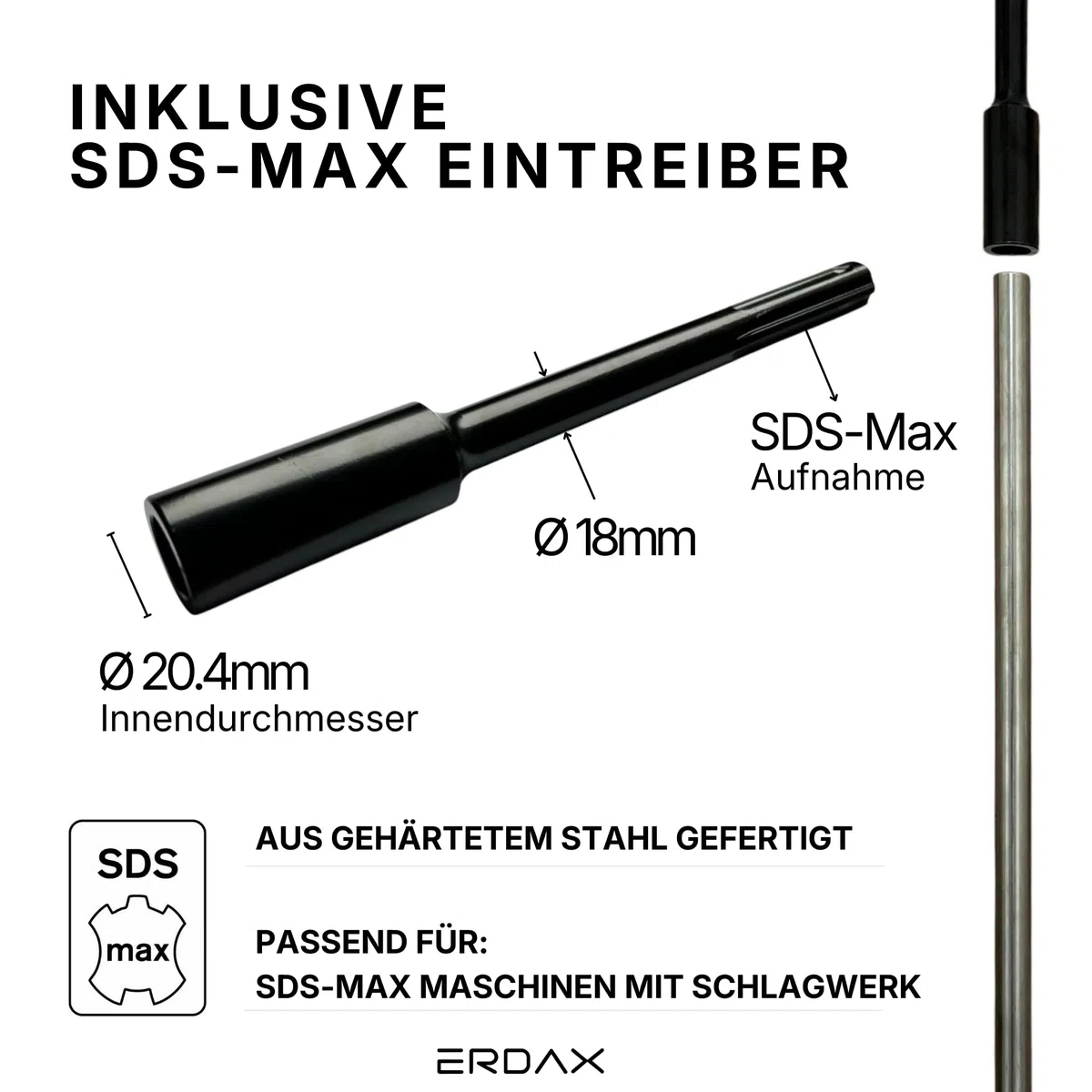 Tiefenerder V4A Set 3x 1m - Erdungsstangen 20mm Durchmesser aus Edelstahl + SDS Max Eintreiber + Kreuzerder Klemme - Erdungsstab für Erdungskabel PV Anlage Staberder 1m Erdung Komplettset