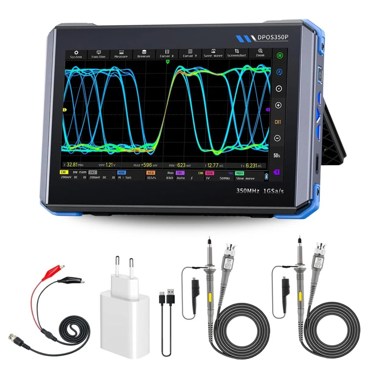 DEWIN Digitales Oszilloskop, DPOS350P 4-in-1 350mHz 1GSPS Tablet-oszilloskop Signalgenerator Spektrumanalysator Frequenzganganalysator