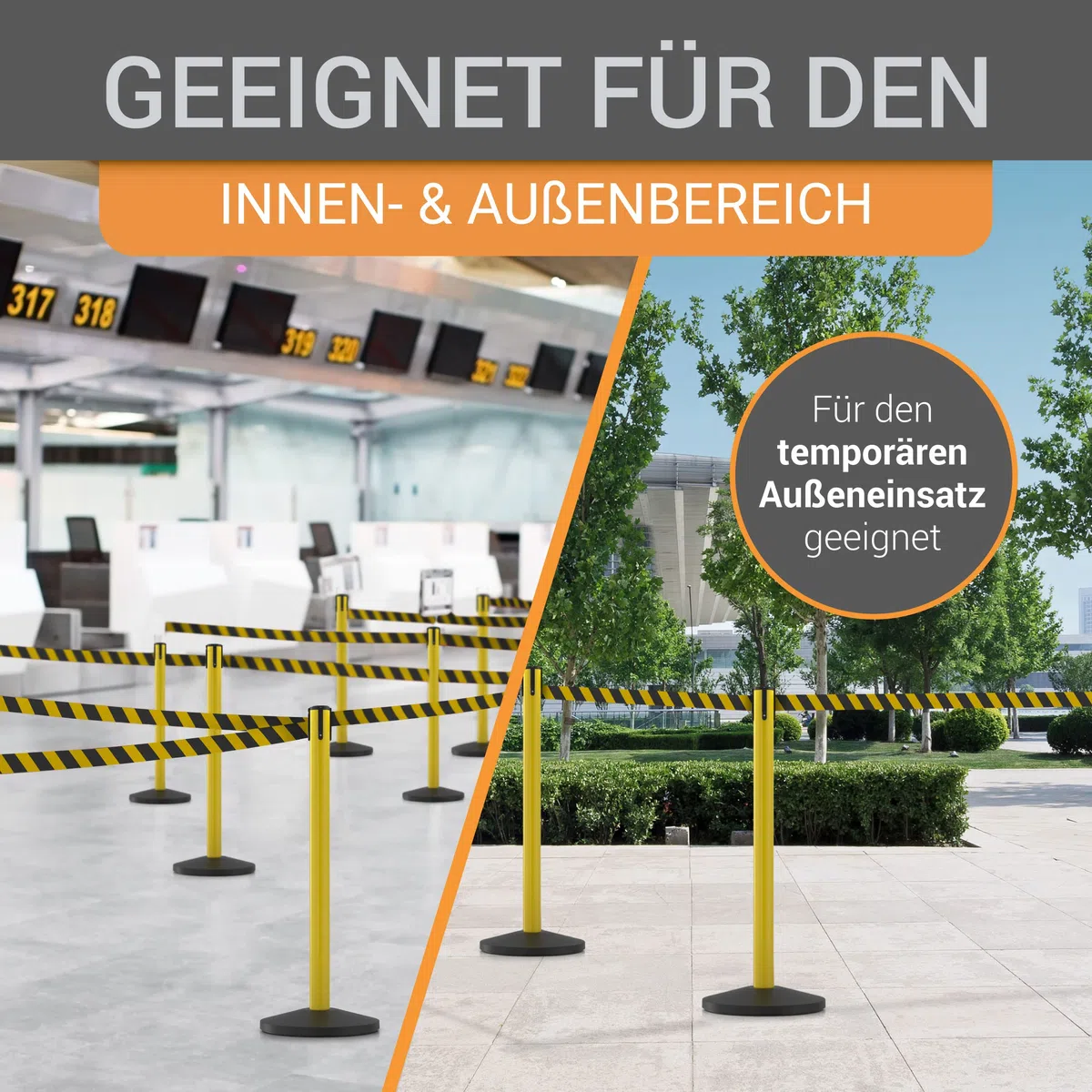 Absperrpfosten Set - 4-teilig - 100 cm hoch, 3 m Gurtlänge, Metallgelb mit ausziehbarem Gurtband schwarz/gelb - Absperrsystem für Personenführung