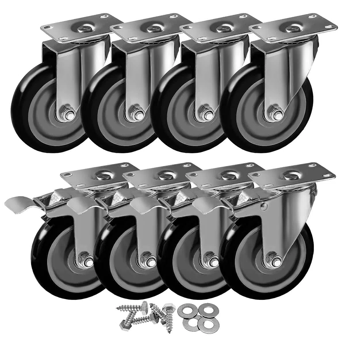 Lenkrollenplatte 4 mit Bremse und 4 Platten belastbar auf roten PU-Rädern Stützrad mit robusten Schrauben 5'' Combo 8pcs + Screws - Black