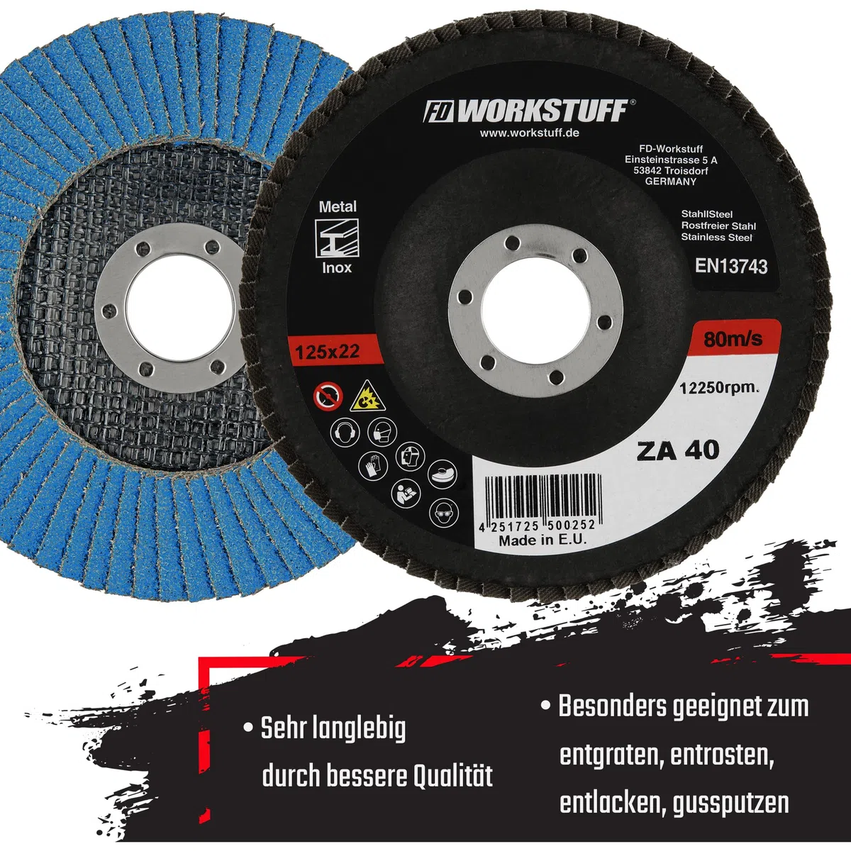 Profi-Fächerscheiben │ blau │ 20 Stück │ Ø 125 mm │ Mixpack (je 5 x Korn 40/60/80/120) │ Inox │Schleifscheiben │ Lamellenscheiben │Inox-Fächerscheiben │ by FD-Workstuff