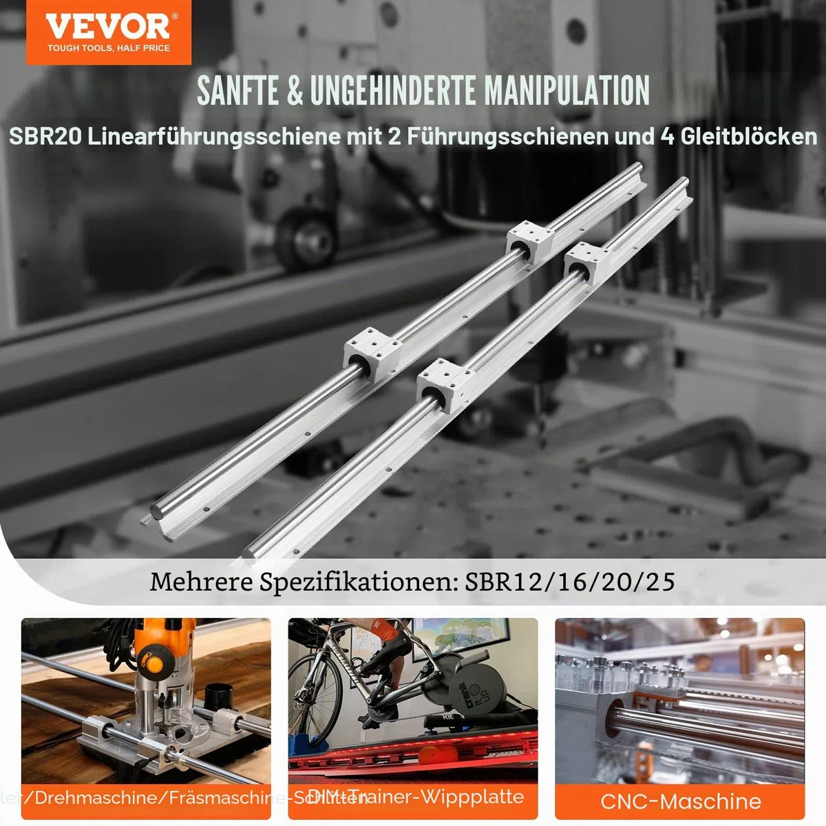 VEVOR Linearführung Linearschiene 2 Stk. SBR20-2200mm Kohlenstoffstahl Aluminium Führungsschiene mit 4 Stk. SBR20UU-Gleitblöcke Linearlager Lagerblock CNC Teile für 3D Drucker Fräs-/Drehmaschine