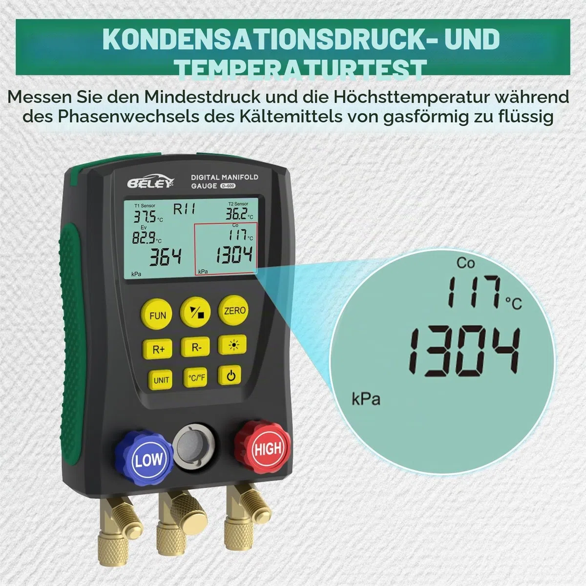 Digitales Monteurhilfe Manometer-Set für HVAC - Kompatibel mit R410a, R32, R22 Kältemittel, mit Temperaturklemmen und Kältemittelschläuchen, für Prüfung & Wartung von Klimaanlagen und Kühlschränken