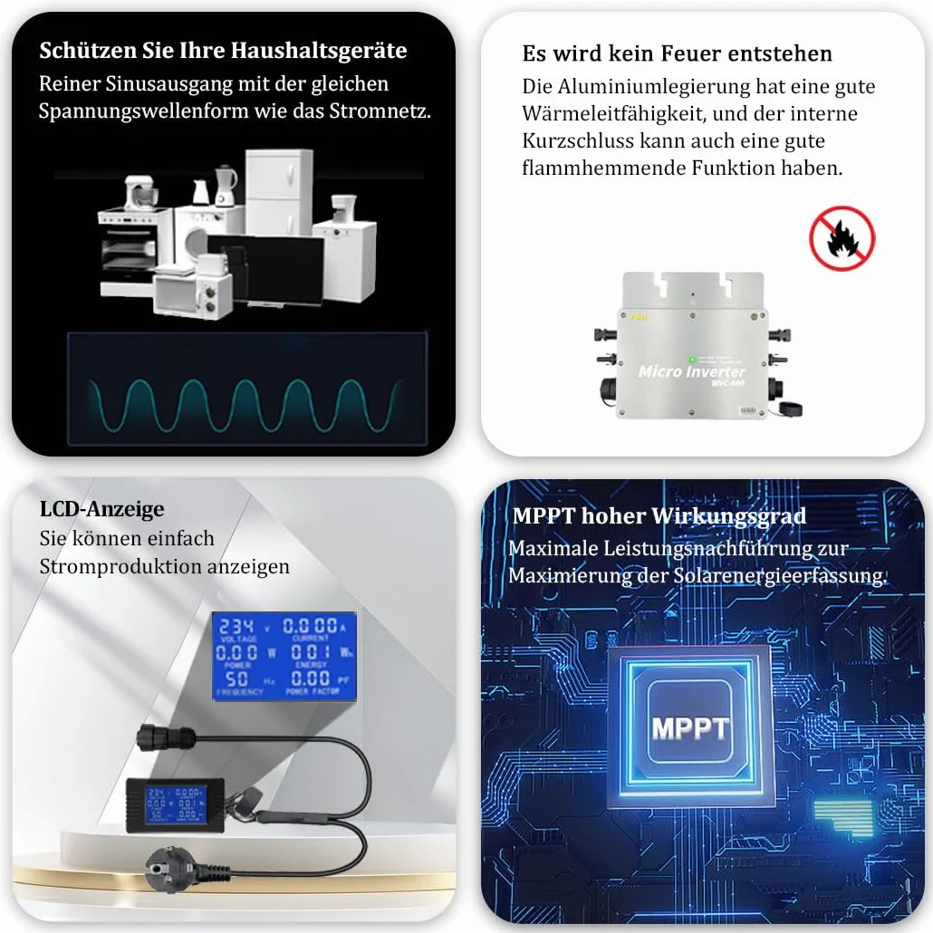 【Versand aus DE】 Y&H 600W Mikro Wechselrichter für Balkonkraftwerk IP65-Wasserdichter Netzeinspeisung Wechselrichter mit LCD-Display