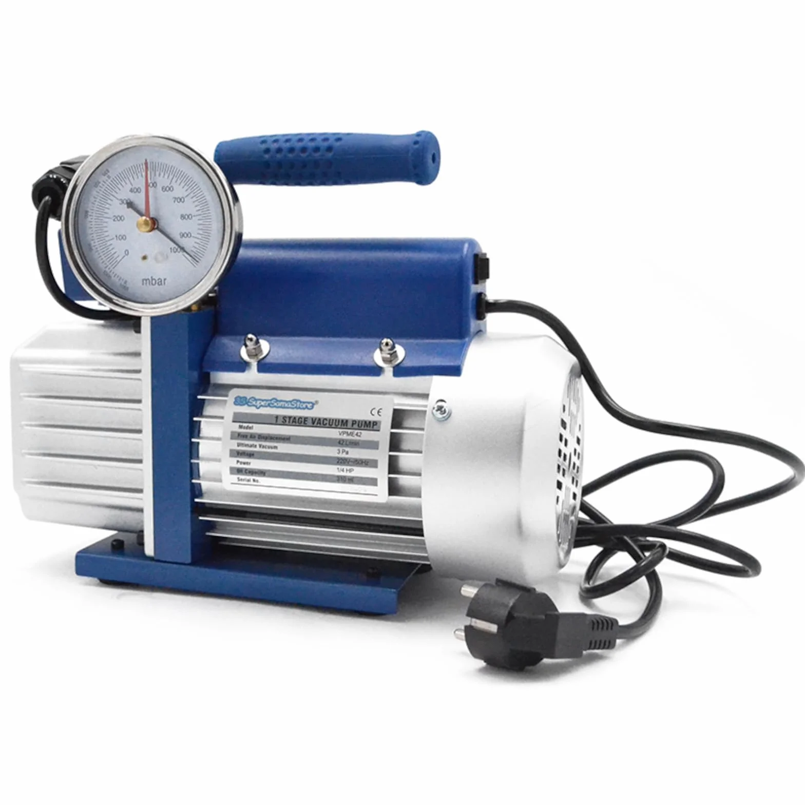 3S SuperSamaStore Einstufige Vakuumpumpe 42 Liter/Minute mit Magnetventil, Vakuummeter und Ergonomischem Griff, Inklusive Öl und Schuko-Stecker, Modell VPME42